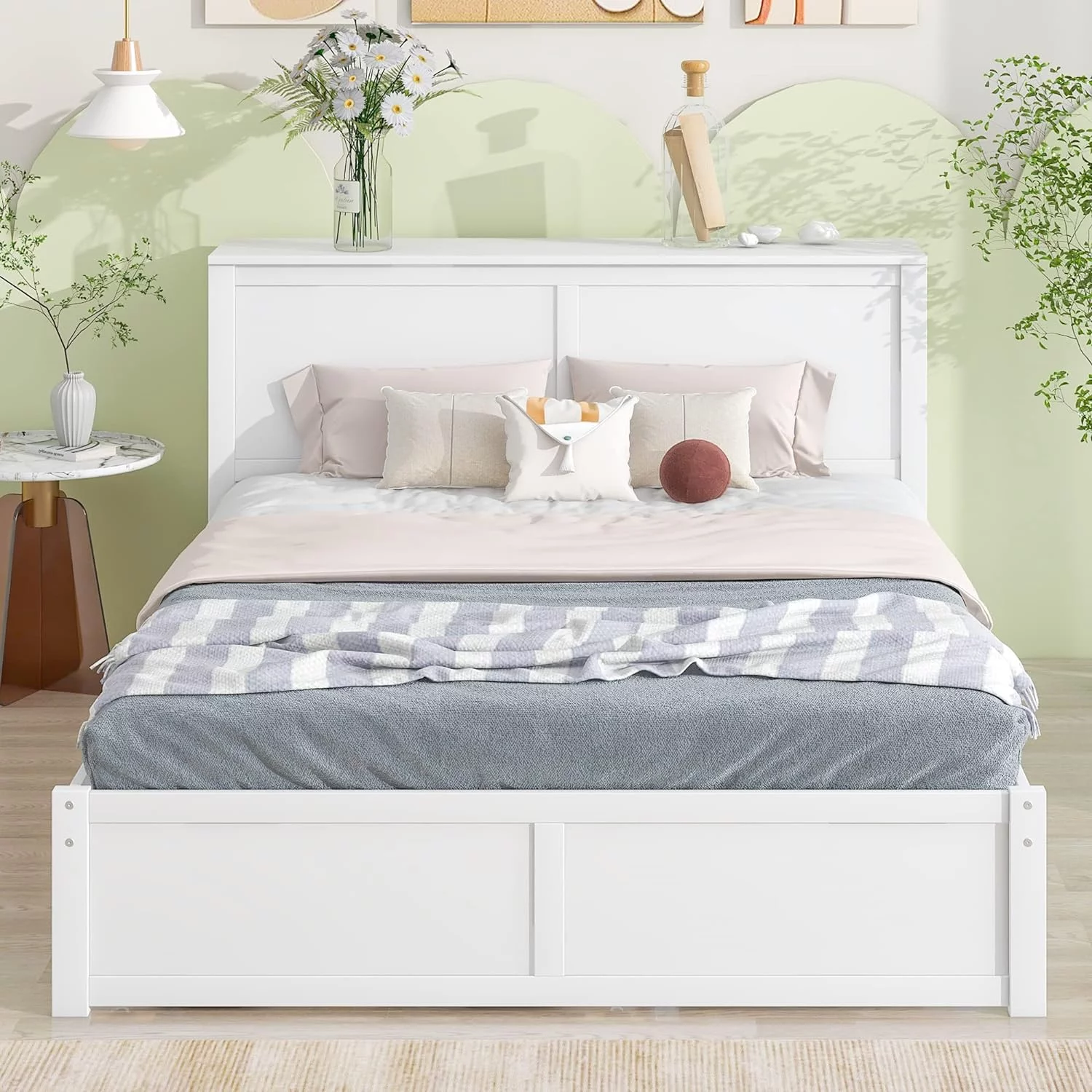 Queen Size Storage Bed With Trundle, Wood Platform Bed Frame With Storage Shelves Headboard And Size Trundle Bed, Wooden Queen Beds For Kids Boys Girls Teens, White
