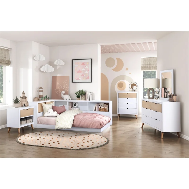 Lexicon Asker Wood Twin Bookcase Corner Bed in 2-Tone Finish (White and Natural)