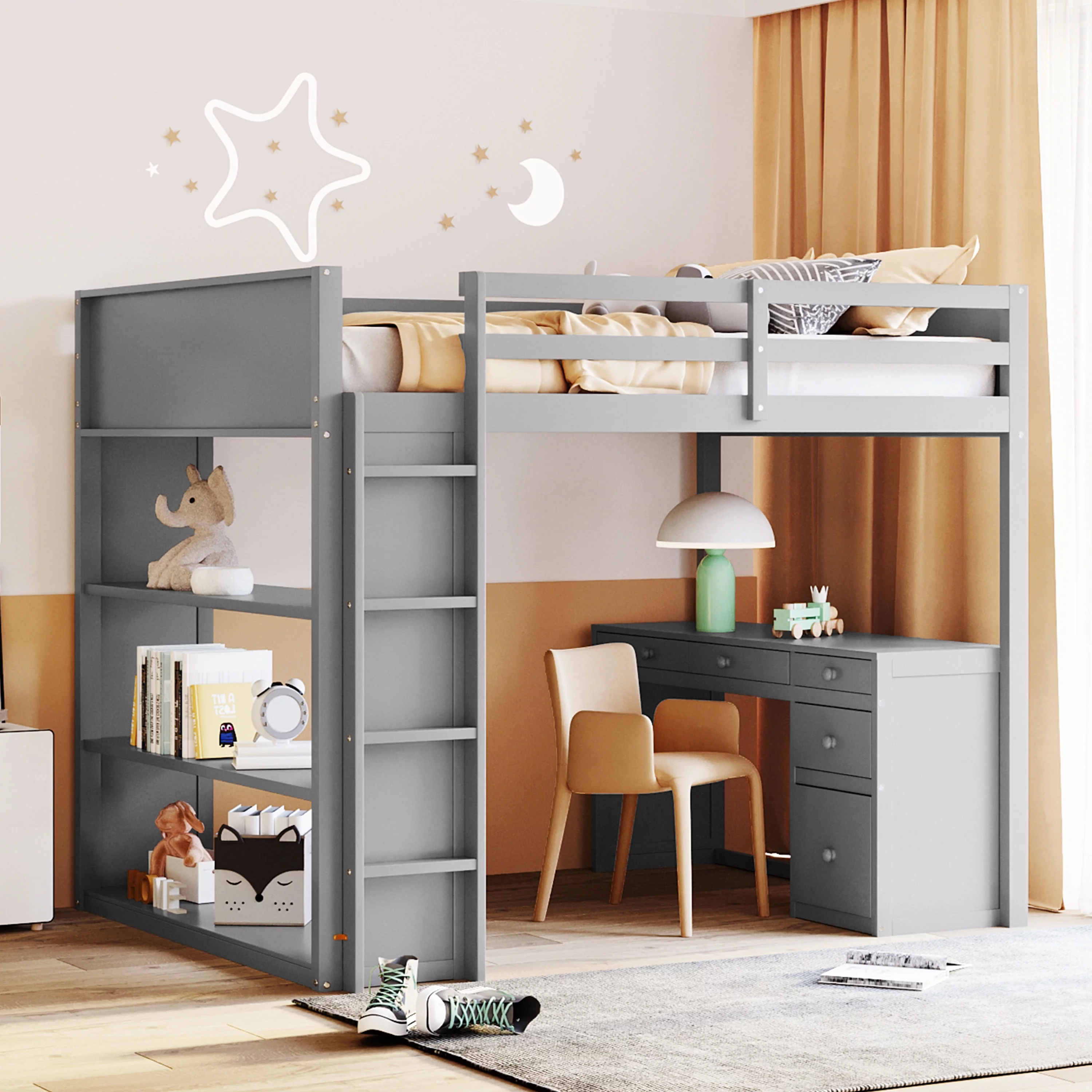 Loft Bed Frame with Ladder, Shelves, Drawers, and Desk, Health and Comfort Storage Shelves and Writing Desk, Wooden Loft Beds with Ladder, High Loft Bed for Kids Boys Girls Teens (Gray,Full)