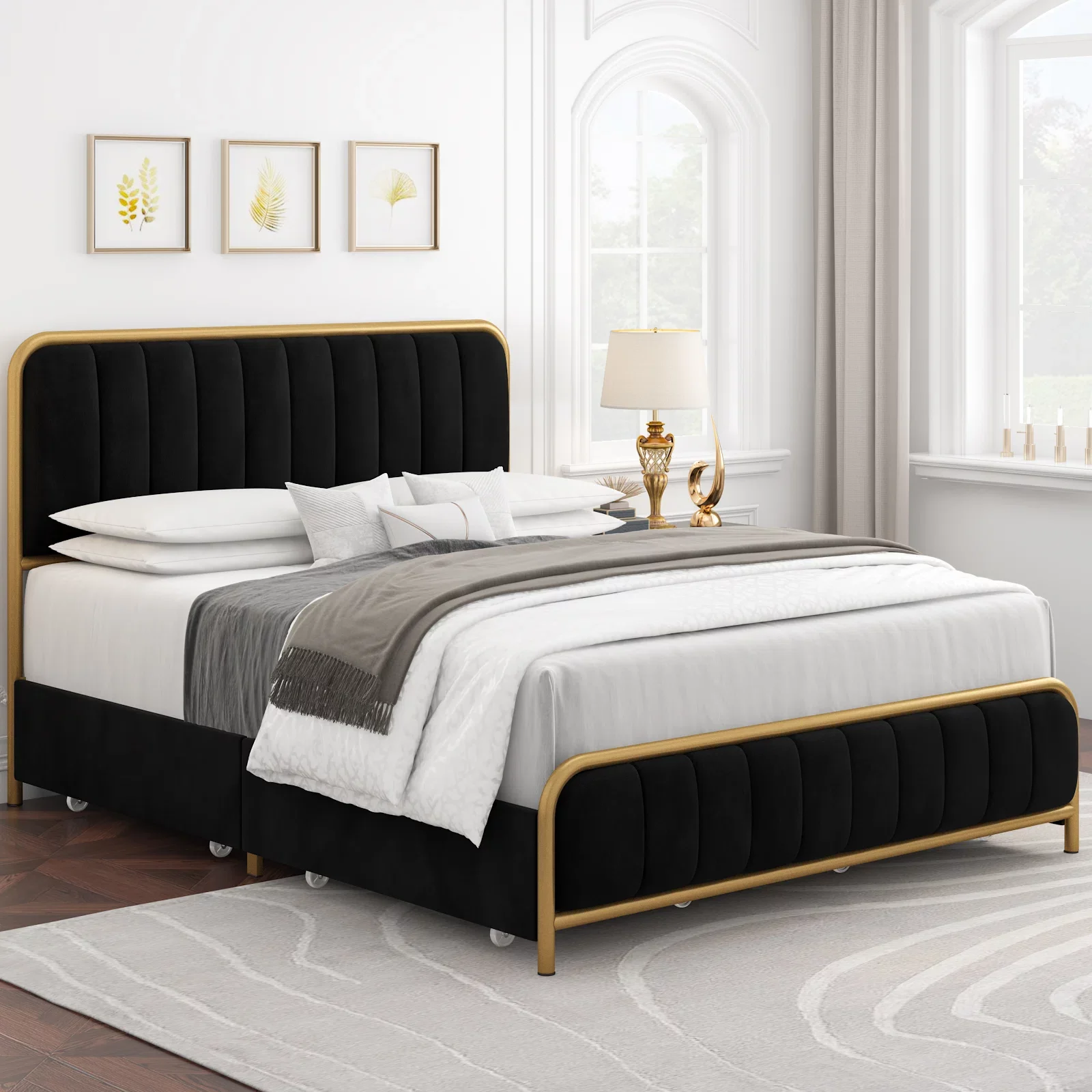 Homfa Queen Size Bed Frame with 4 Drawers, Round Metal Tube Platform Bed with Tufted Upholstered Headboard, Gold and Black