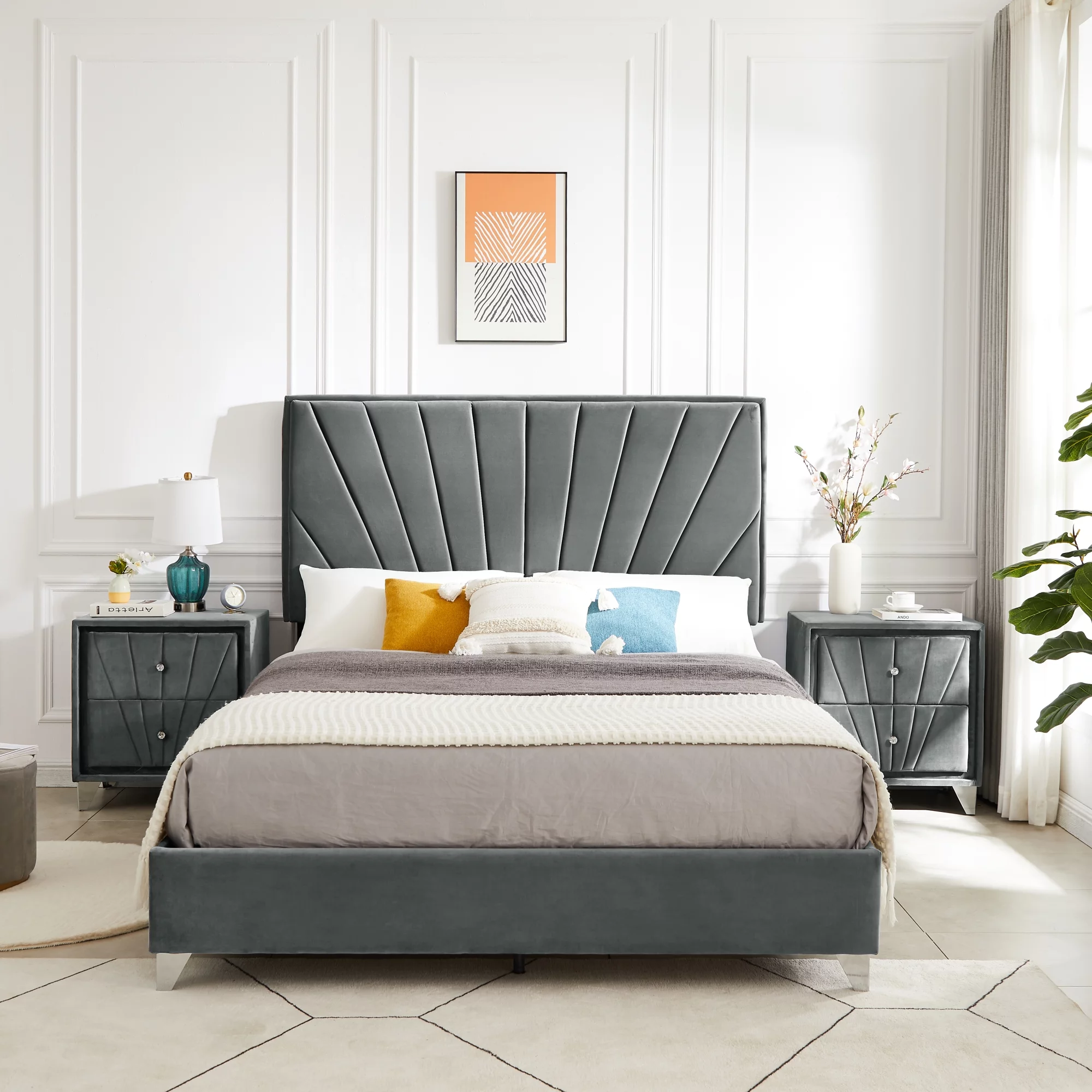B108 Queen bed with one nightstand, Beautiful line stripe cushion headboard , strong wooden slats + metal legs with Electroplate