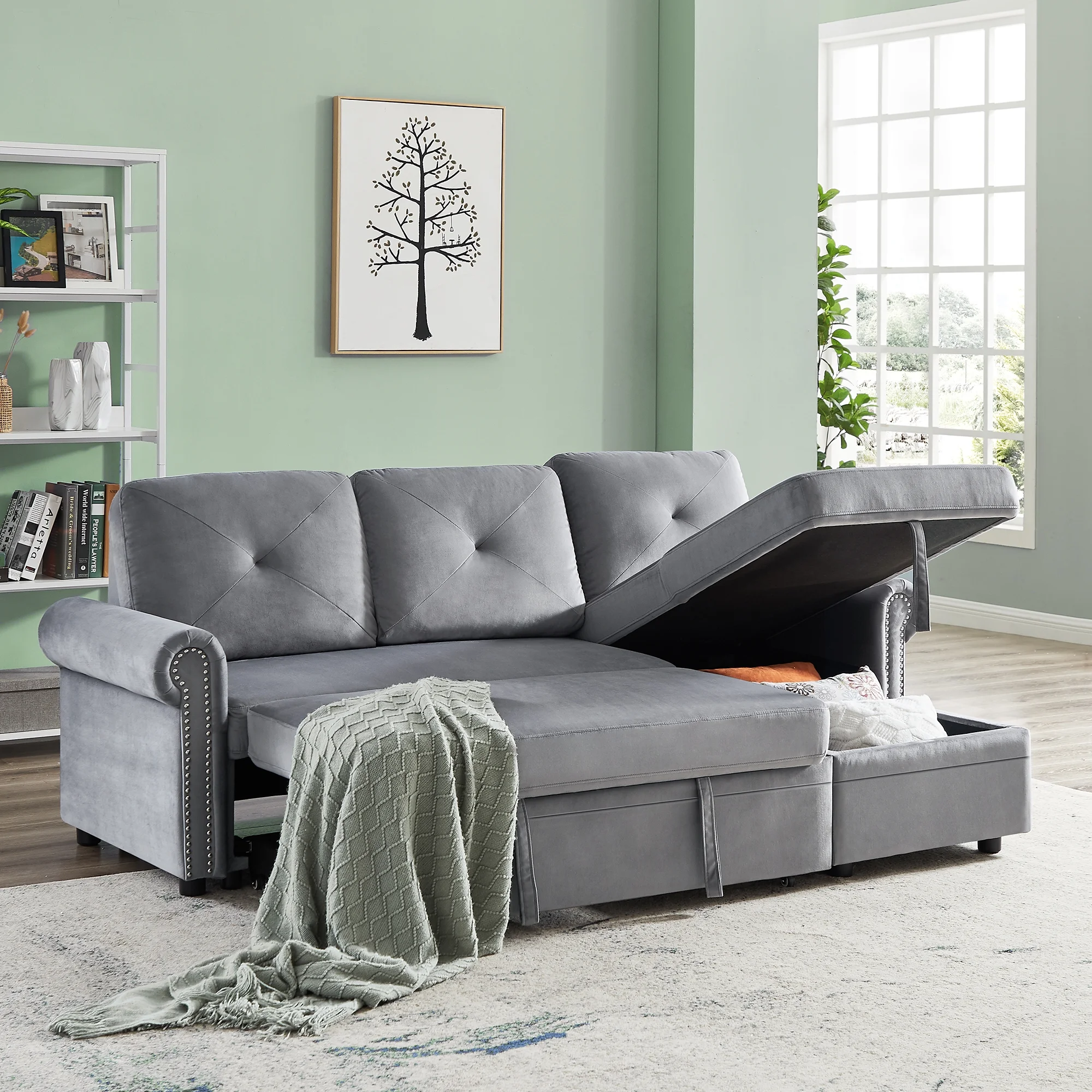 Velvet Reversible Sectional Sofa Sleeper, Wide Sectional Couch Pull-Out Sofa Bed L-Shape Upholstered Sofa Bed with Storage Chaise Living Room Furniture Set