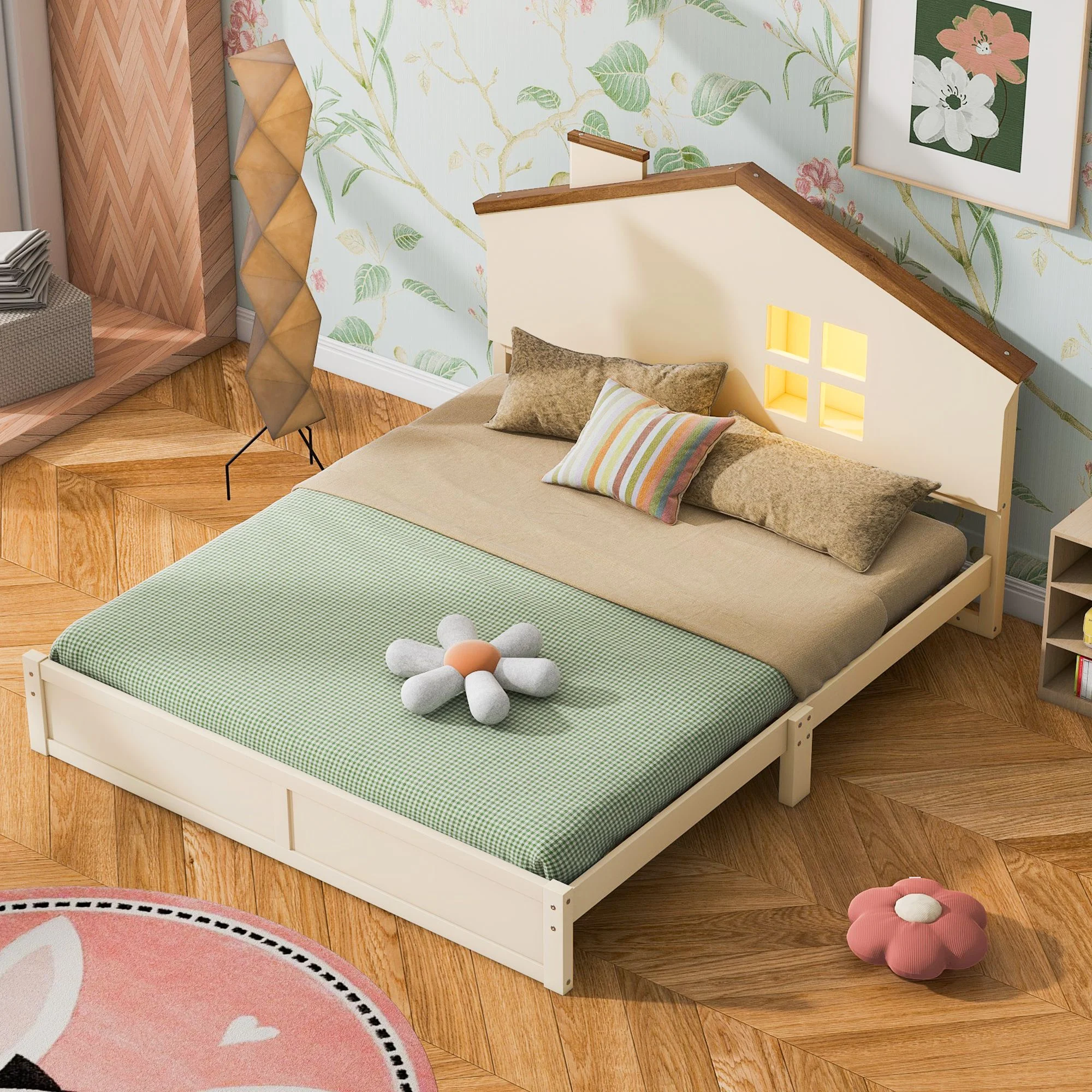 Solid Wood Bed Frame with House-shaped Headboard and Built-in LED, Platform Bed Frame, Mid Century Bedframe, Wood House Bed, Wood Foundation(Walnut, Full)