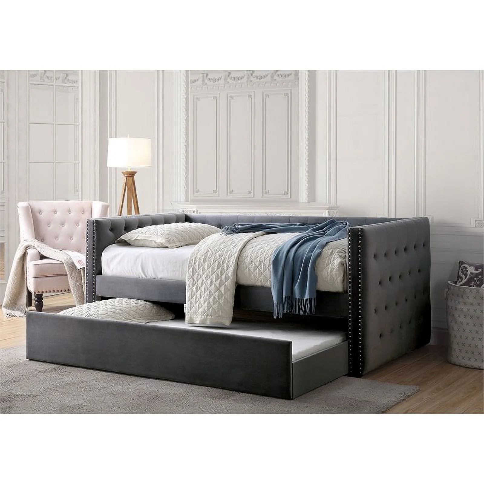 Bowery Hill Contemporary Contemporary Fabric Daybed with Trundle in Gray