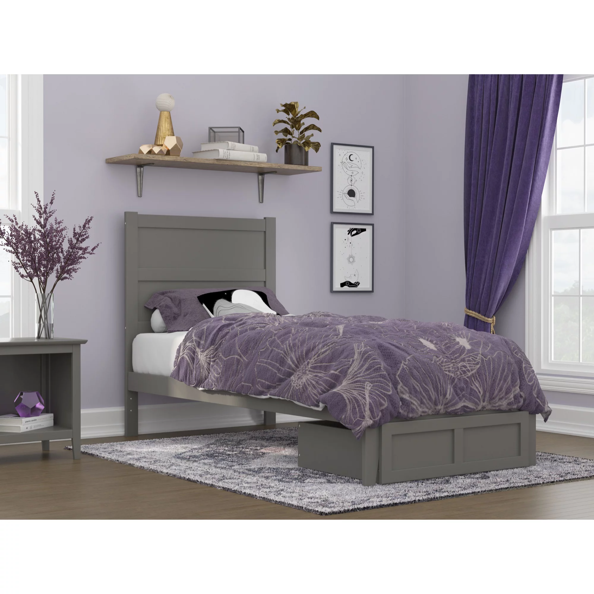 AFI NoHo Transitional Wood Twin XL Bed with Foot Drawer in Gray