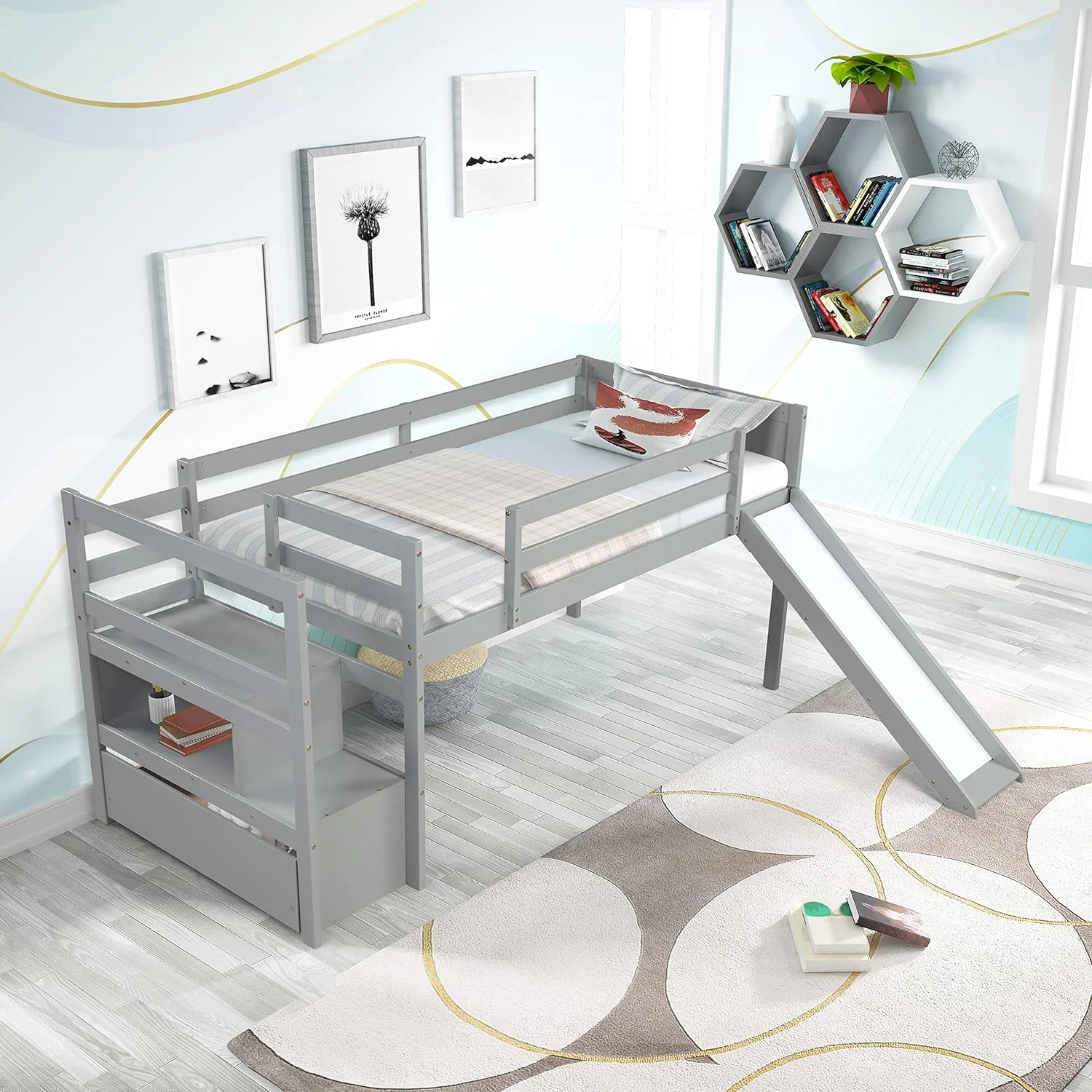 Moder Gray Loft Bed With Large Storage Space,Solid Wood Low Bed Frame With Guardrail,Stair,Kids Bed Slide,Space Savig Bed For Bedroom,Easy Assemble