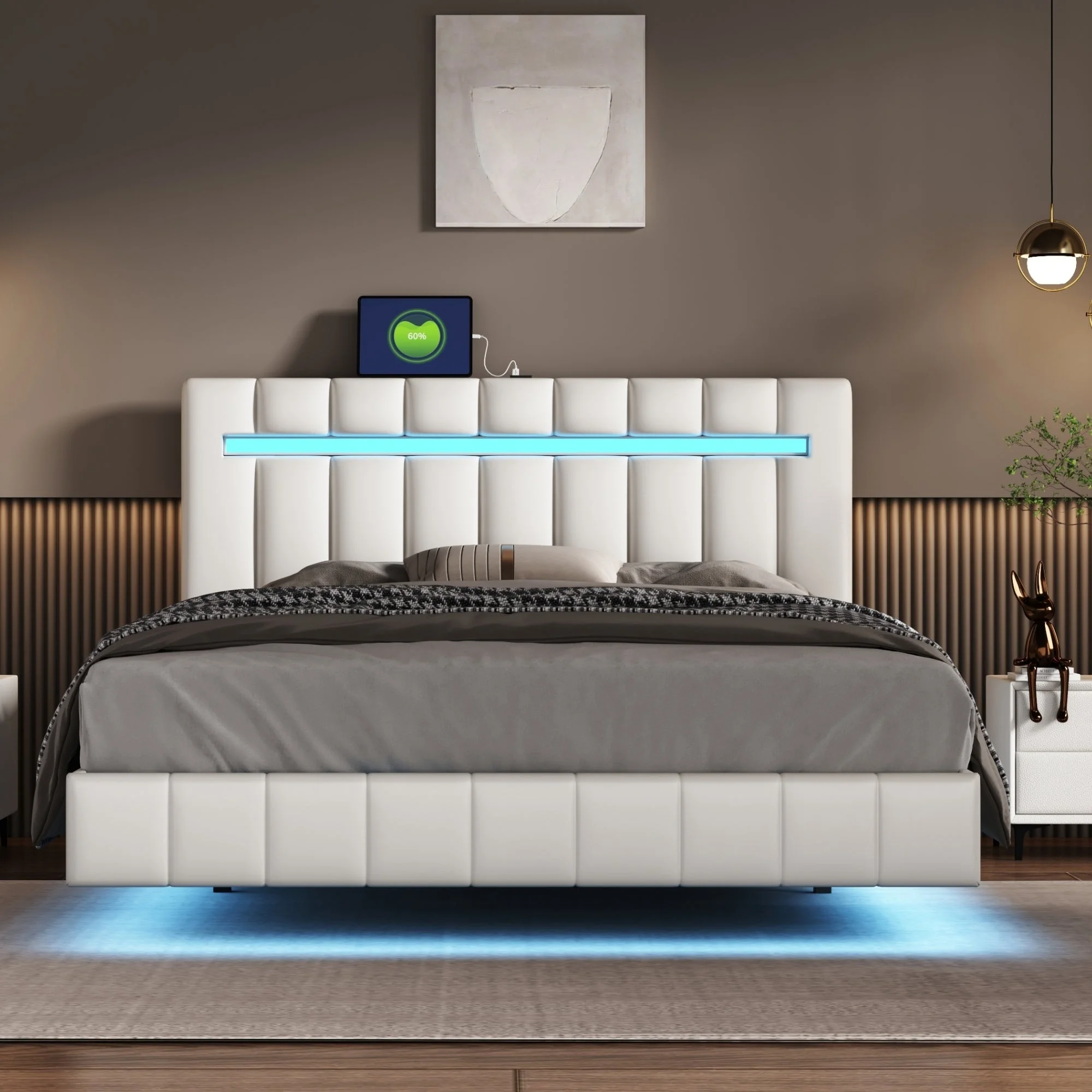 Marc Queen II Size Floating Bed Frame with LED  - White