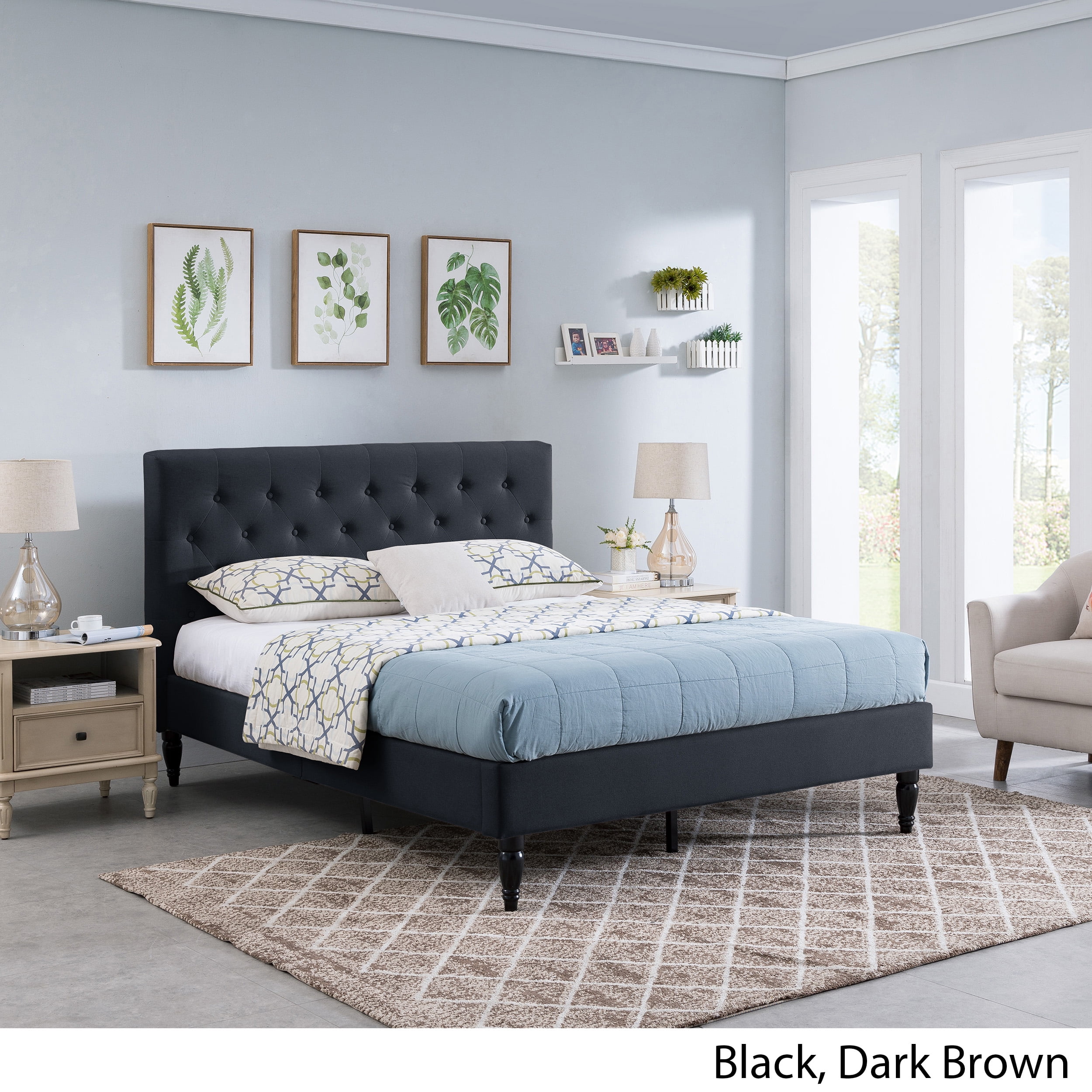 Noble House Kwan Contemporary Fully-Upholstered Queen-Size Fabric Low-Profile Platform Bed Frame, Black, Dark Brown