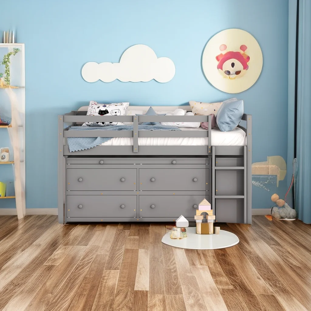 Full Size Loft Bed with Retractable Writing Desk and 4 Drawers, Wooden Loft Bed with Lateral Portable Desk and Shelves