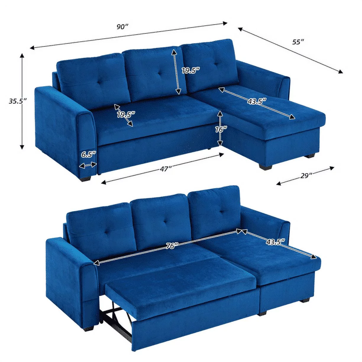 Hommow Sectional Sleeper Sofa, Flannel L-Shaped Sofa Bed with Storage Ottoman, Blue