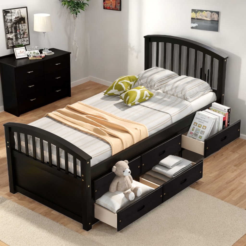 Twin Size Platform Storage Bed Solid Wood Bed with 6 Drawers Comfort Bed for Bedroom (Espresso)