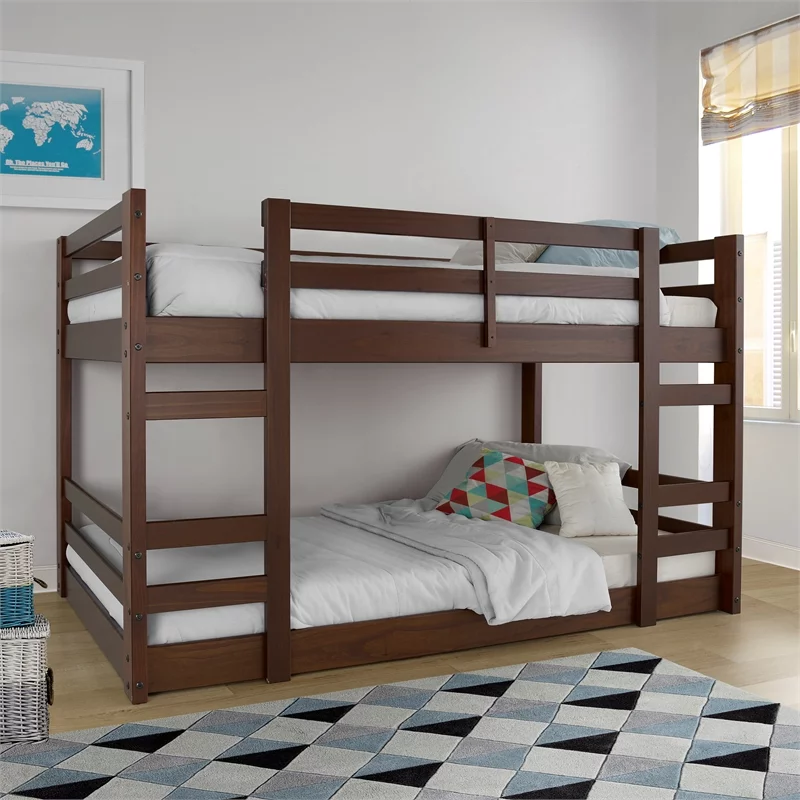 Pemberly Row Low Wood Twin Over Twin Bunk Bed in Walnut Finish