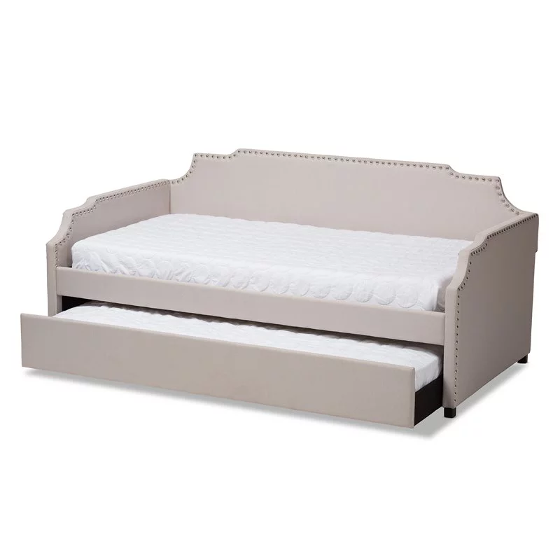 Bowery Hill Fabric Upholstered Twin Size Daybed with Trundle Bed in Beige