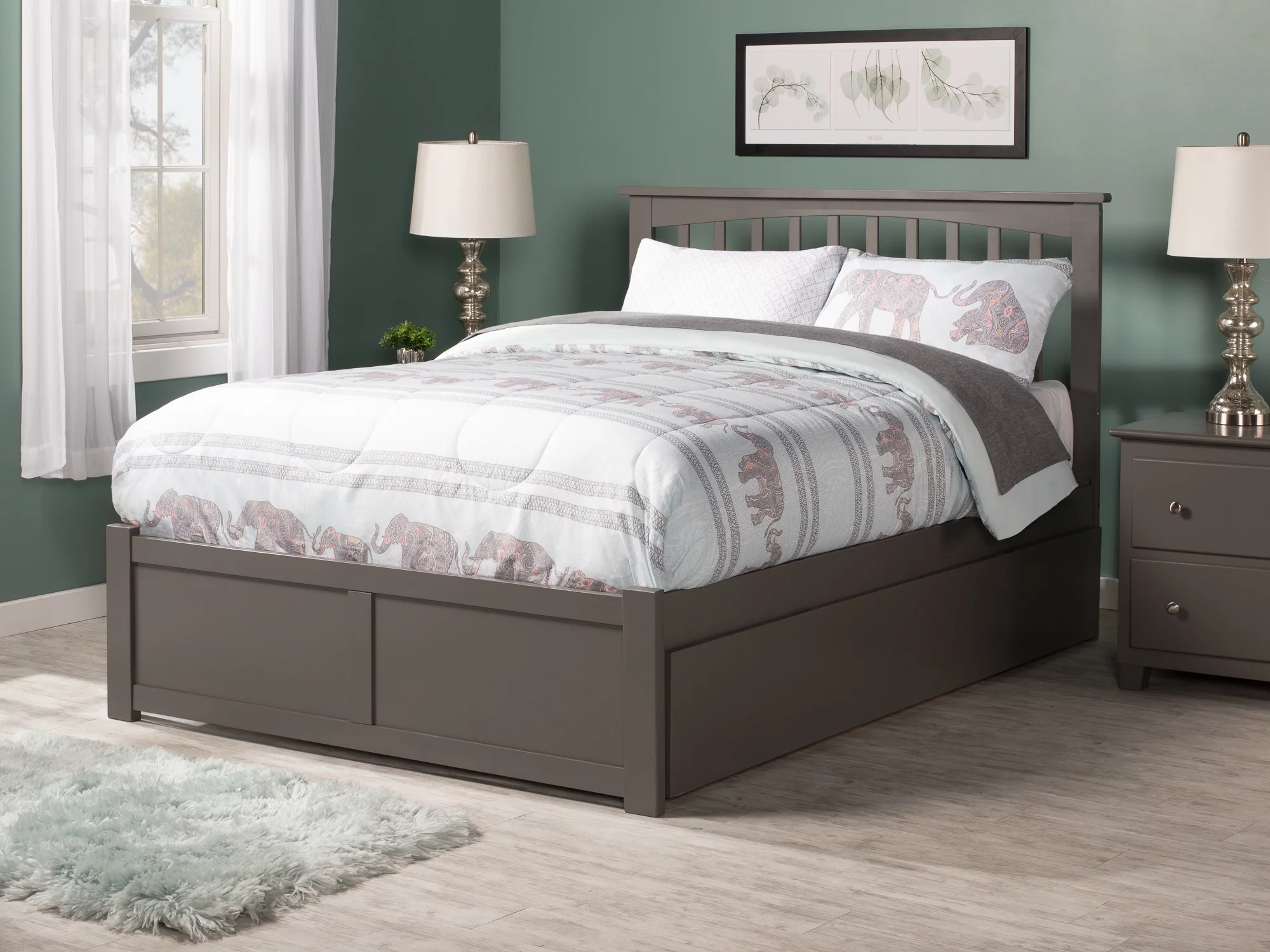 Mission Platform Bed with Flat Panel Foot Board and Twin Size Urban Trundle Bed in Gray, Twin