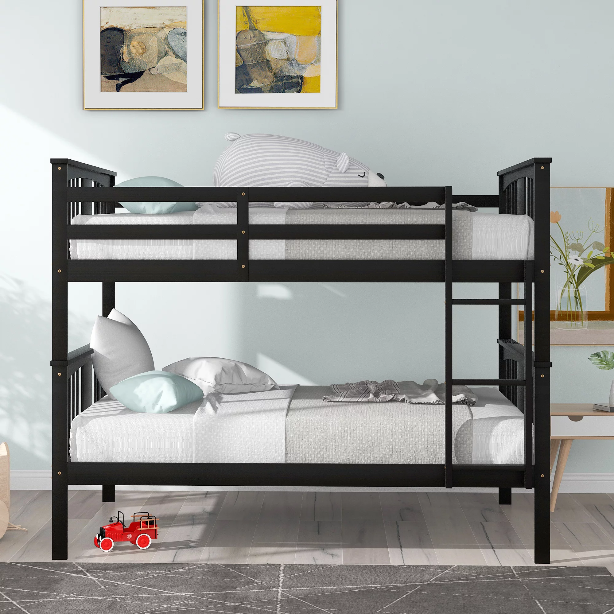 ikayaa Full over Full Bunk Bed with Ladder for Bedroom, Guest Room Furniture-Espresso