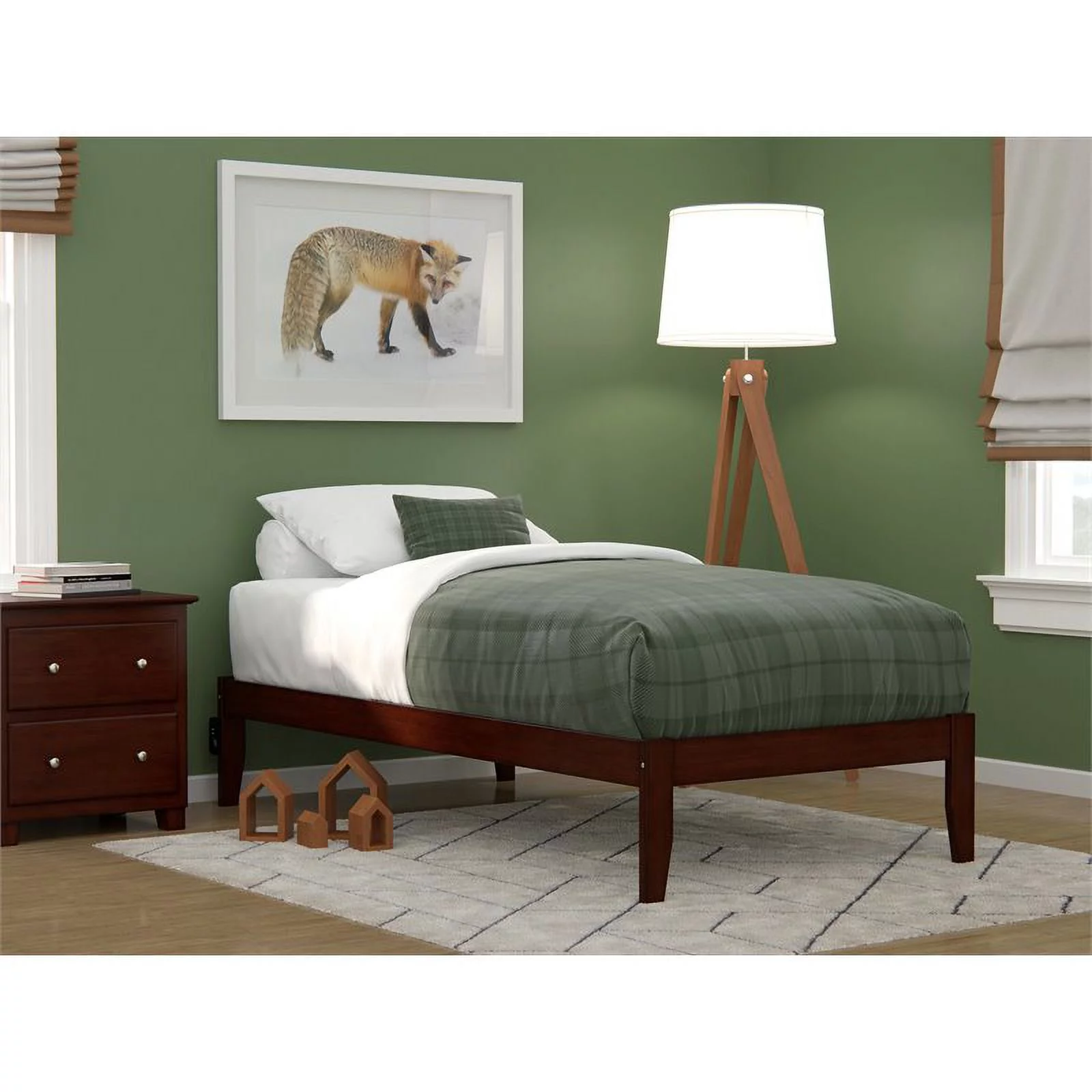 Pemberly Row Modern Solid Wood Twin Bed with USB Charger in Walnut