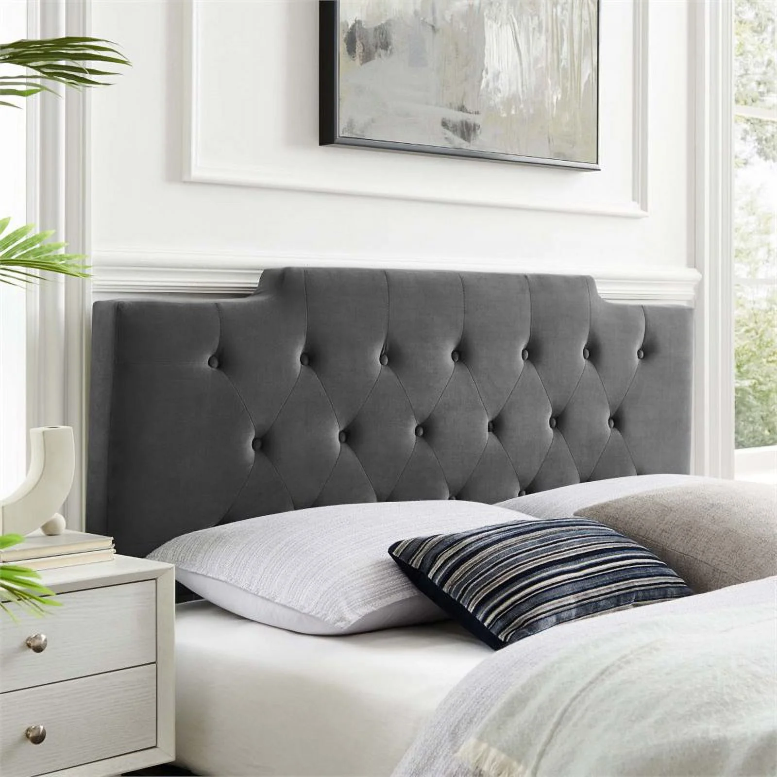 Pemberly Row Modern Velvet Tufted Full/Queen Performance Headboard in Charcoal