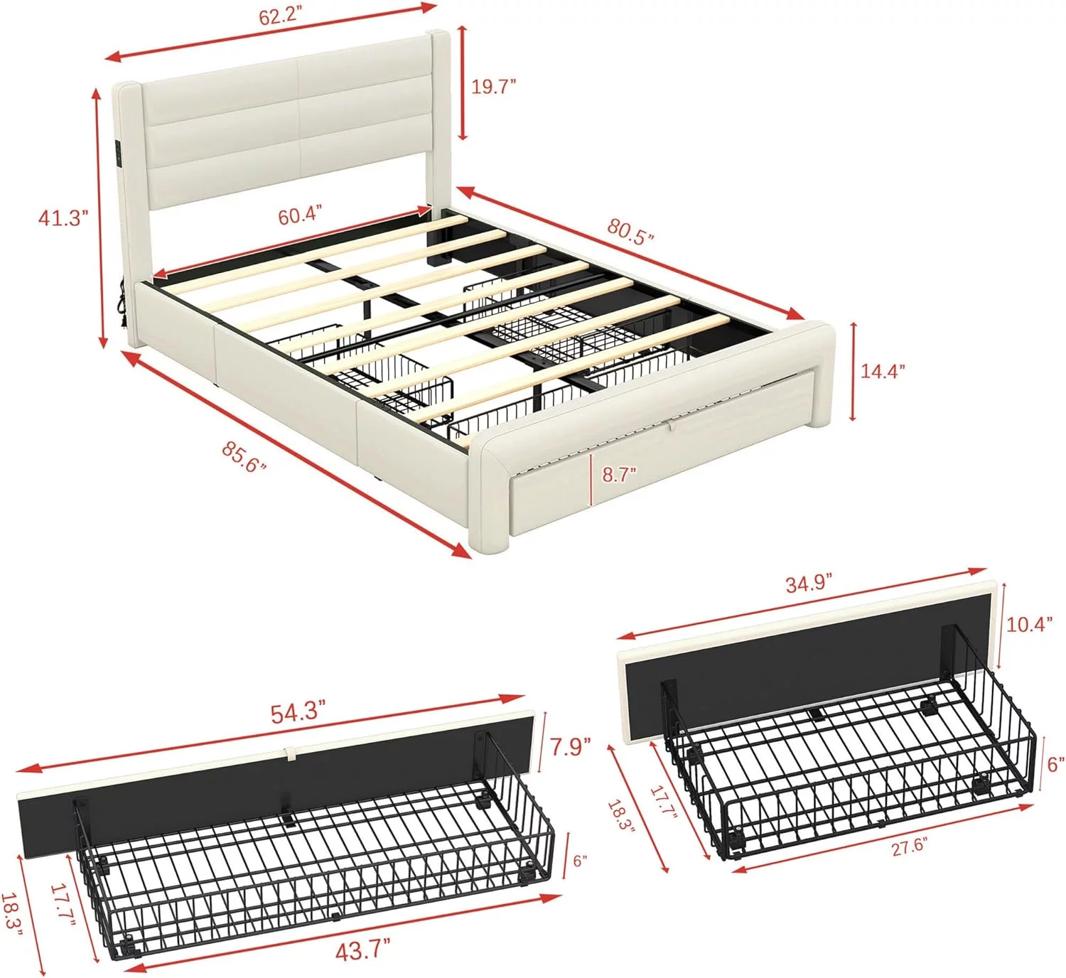 Quee Bed Frame With 3 Storage Drawers, Faux Leather Platform Bed With Headboard Ad Chargig Statio, Quee Size Bed Frame With Slats Support Ad USB Port, o Box Sprig eeded, Beige
