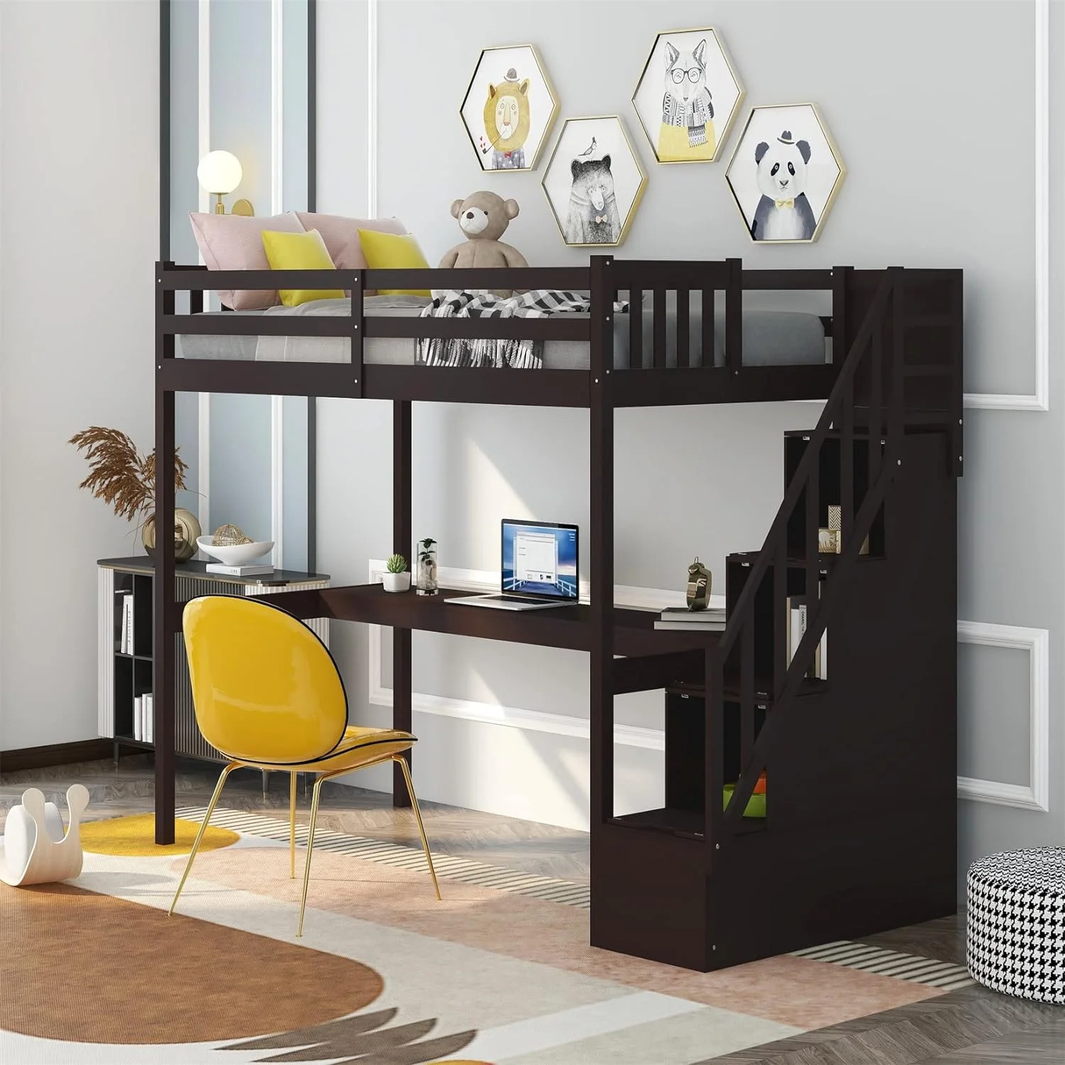 Loft Bed With Desk And Storage Wood Loft Bed Frame With Staircase Storage Loft Bed For Kids Boys Girls Teens, Espresso