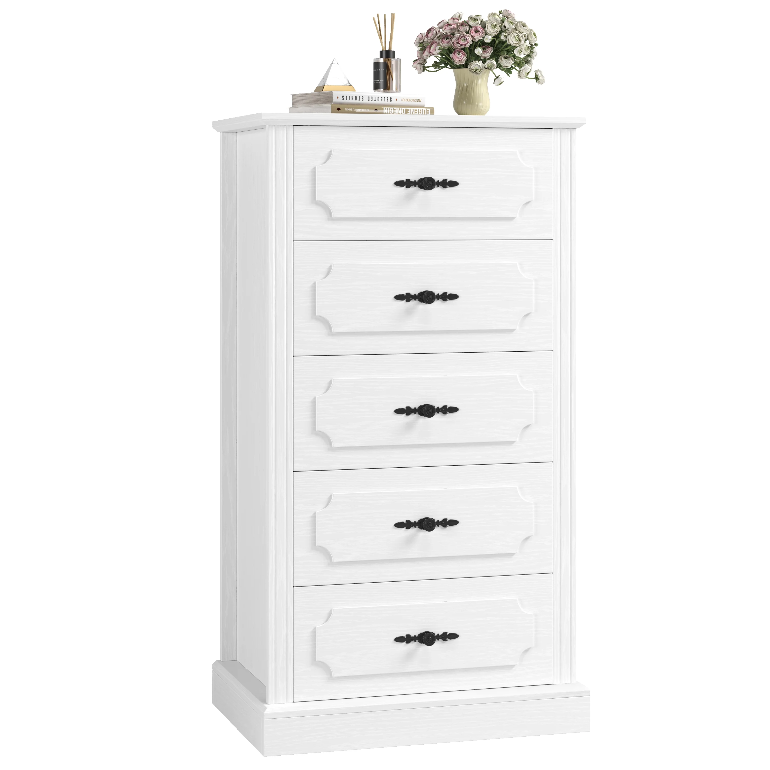 Homfa 5 Drawer White Vertical Dresser, 43''H Wide Top Wood Chest of Drawers for Bedroom Living Room Small Spaces