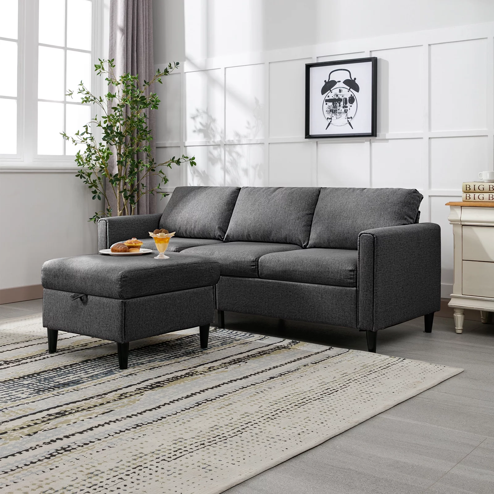 ZAFLY Sectional Sofa Couch, 3 Seat Sofa with Flexible Storage Ottoman, Modern L-Shape Linen Couches for Living Room/Office - Dark Grey