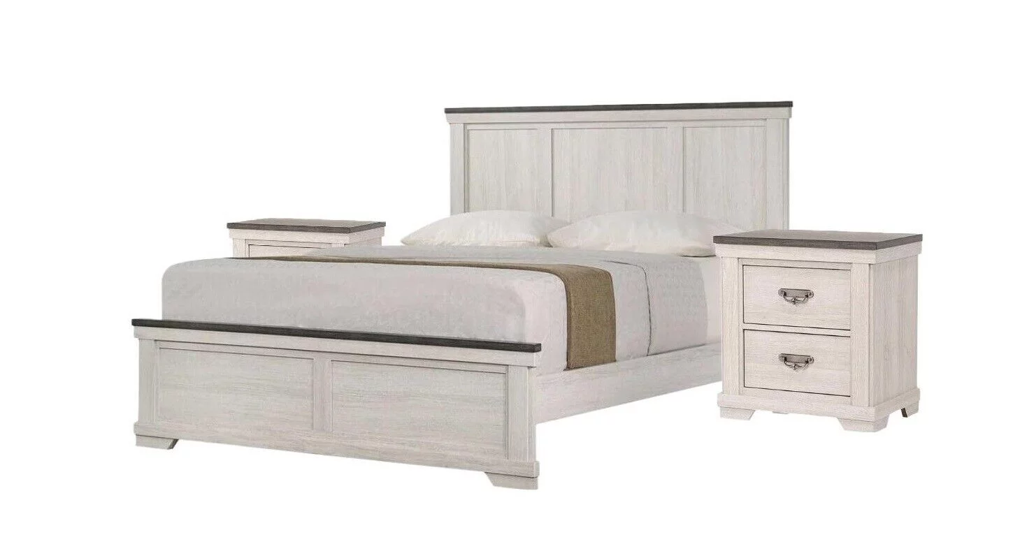 Contemporary 3pc Panel Full Size Bed and 2x Nightstand Bedroom Set Wooden Furniture Chalk Finish