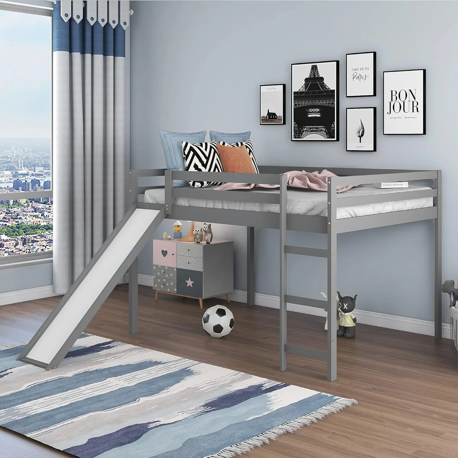 Full Size Low Loft Bed With Slide And Built-In Ladder, Full Loft Bed For Kids Boys Girls(Gray Full Loft)