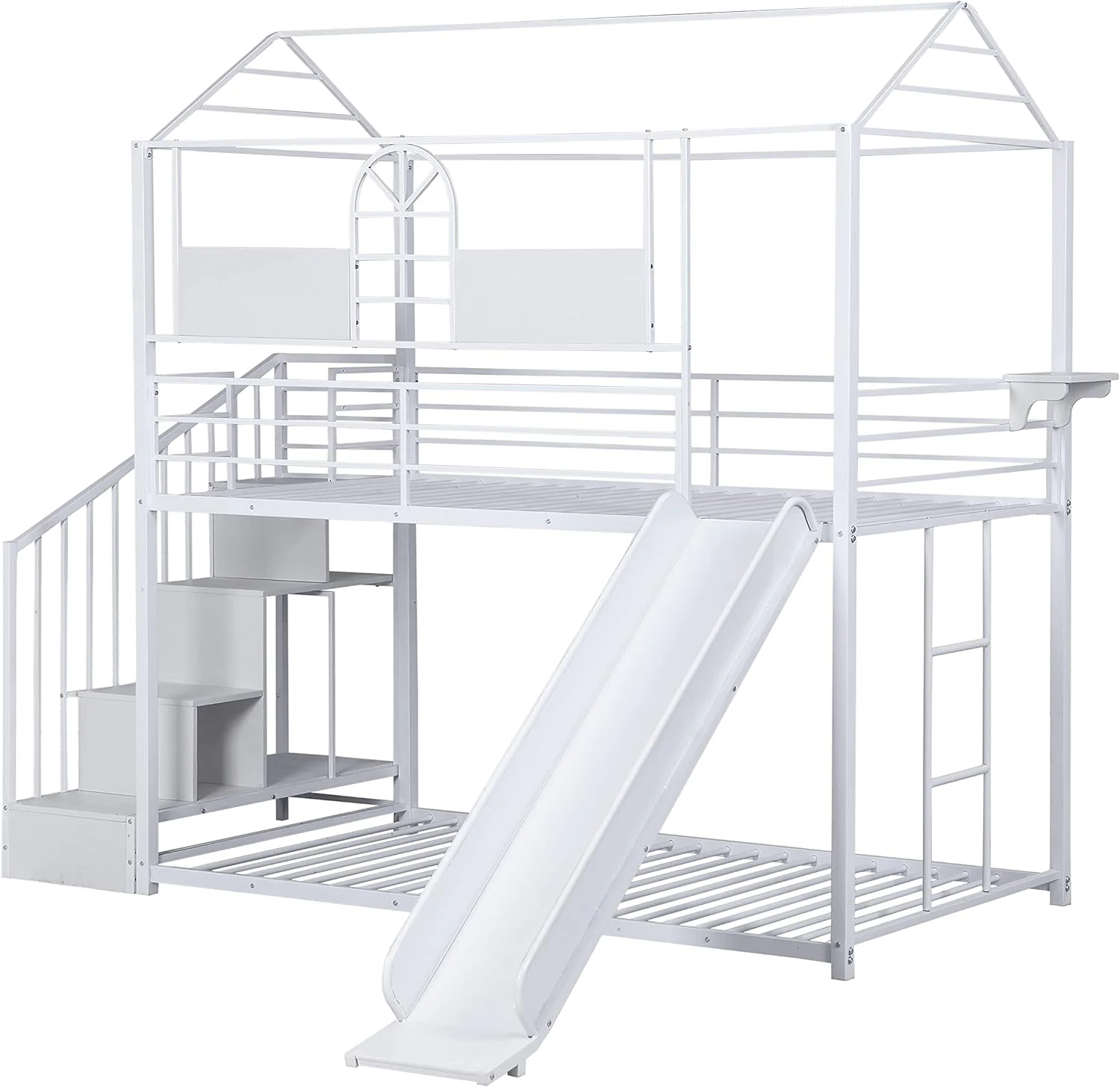 House Buk Bed With Slide Ad Stairs Over Floor Buk Bed Frame Metal Playhouse Buked With Storage Shelves For Kids Boys Girls Tees, White