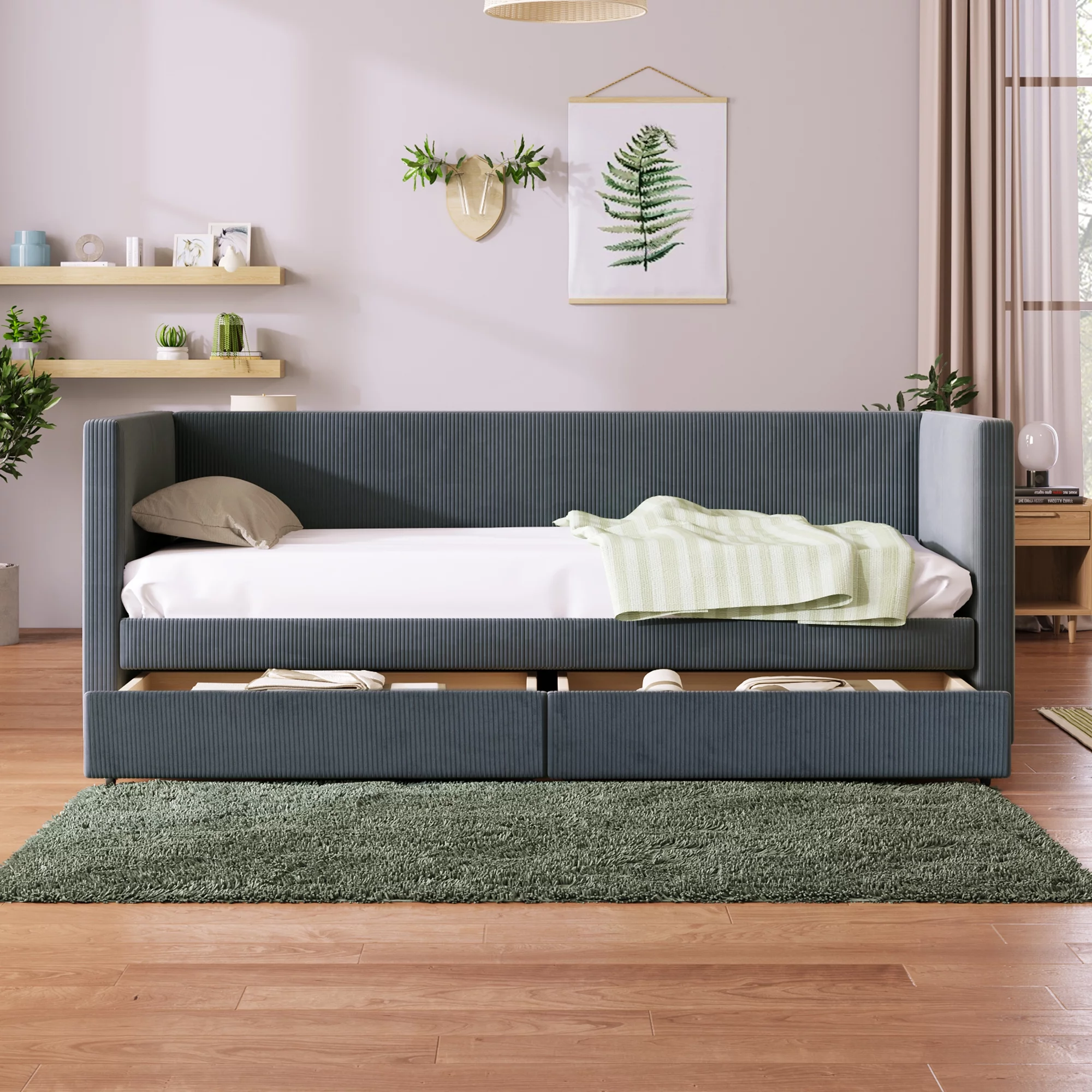 CoSoTower Twin Size Corduroy Daybed with Two Drawers and Wood Slat, Gray