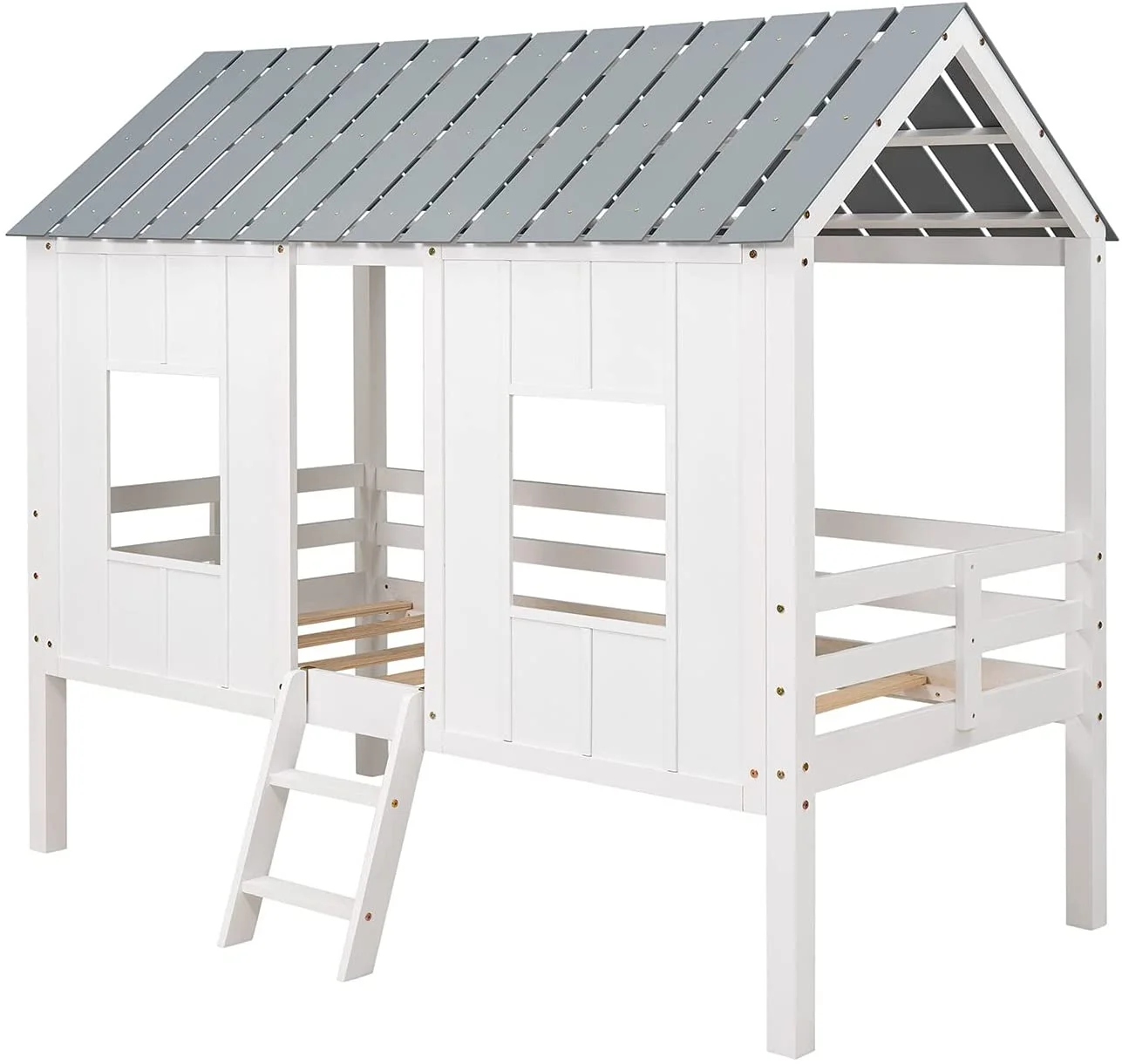 Low Loft Bed With Roof And Two Front Windows, Size House Bed Frame For Kids, No Box Spring Needed