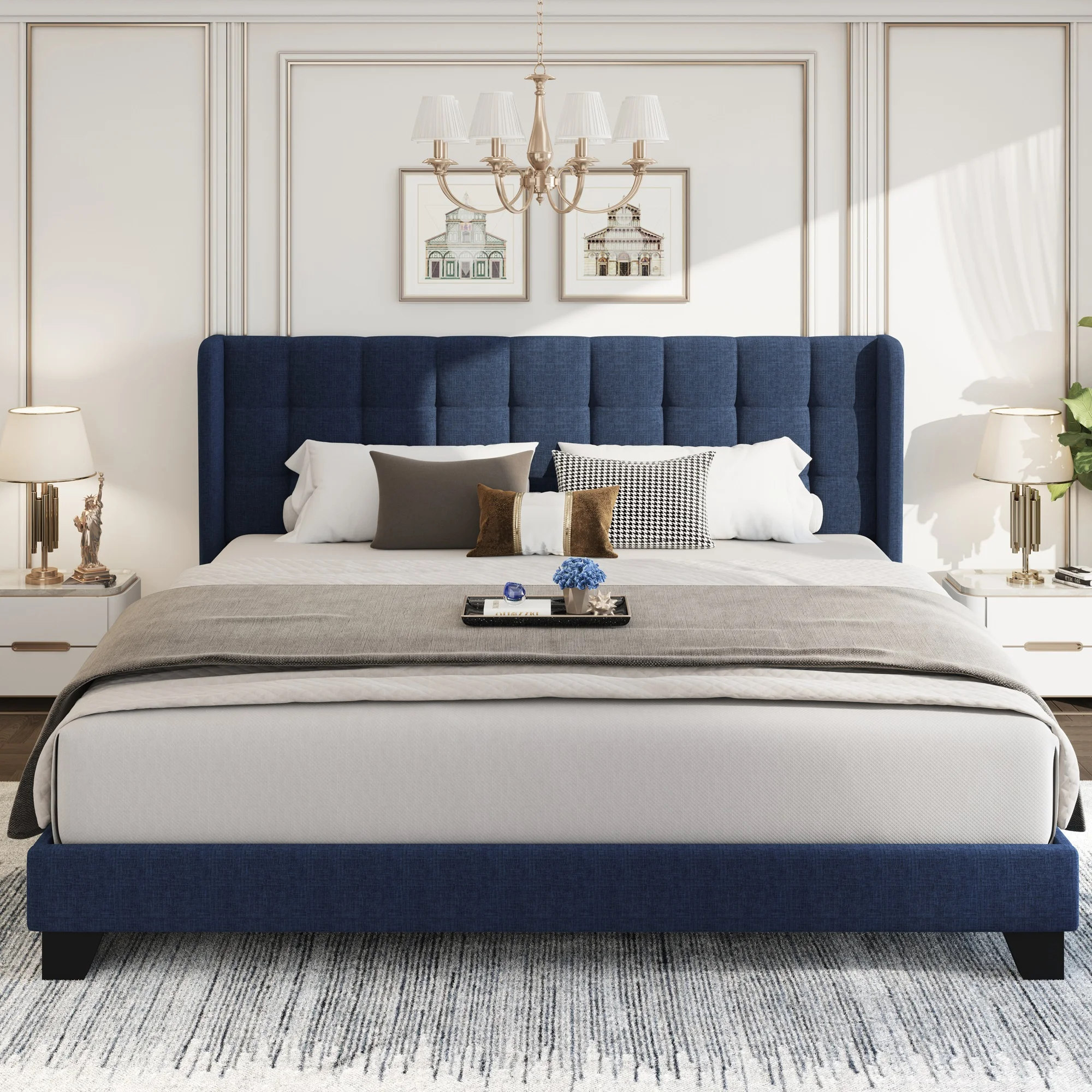 Sha Cerlin Blue King Size Platform Bed Frame with Tufted Headboard & Wingback, Adult