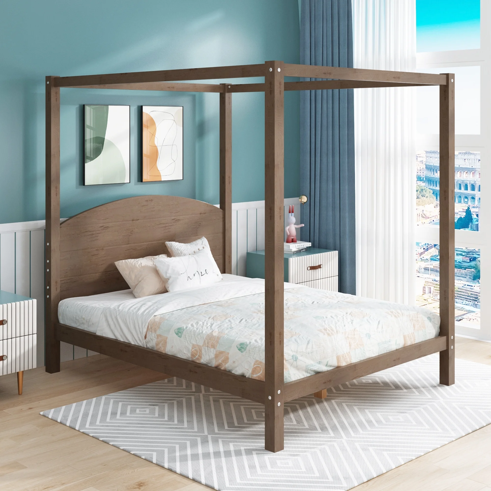 Queen Size Canopy Platform Bed with Headboard Brown