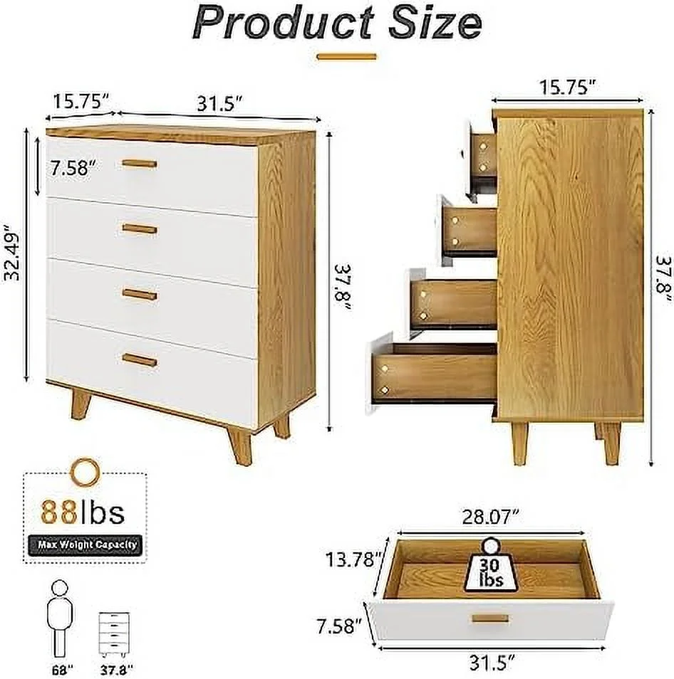 RUNFAYBIU White Dresser for Bedroom 4 Drawer Dresser Wood Dresser Chest of Drawers & Dresser Bedroom Dresser Funiture TV Stand Dresser