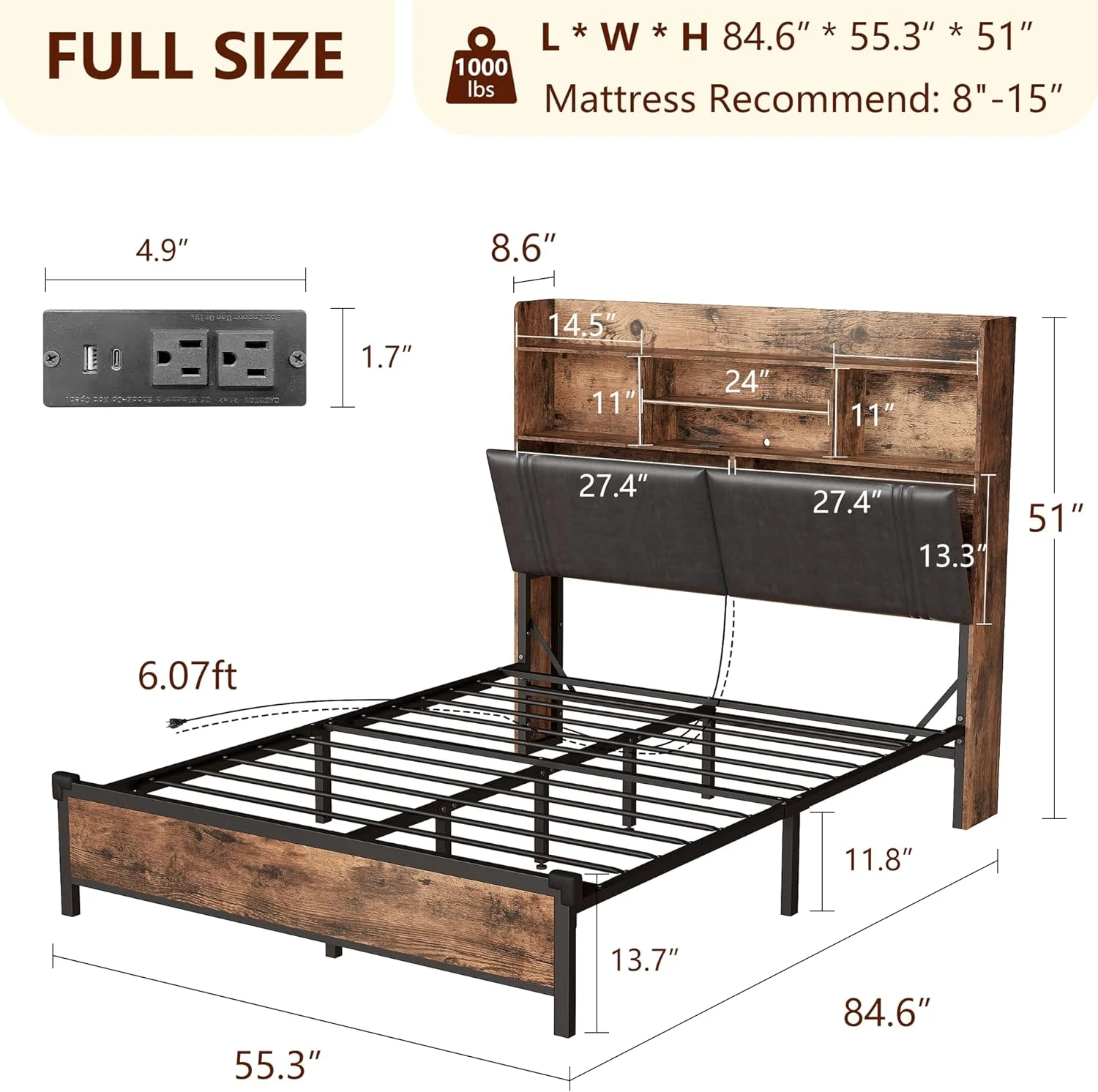Full Size Bed Frame with Tall Storage Headboard , Wooden Platform Bed Frame with Type-C & USB Ports & LED Lights, 51” Bookcase Headboard with 3-Tier Storage & 2 Hidden storage, No Box Spring Needed