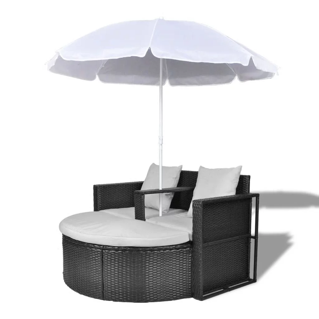 Festnight Patio Bed with Parasol Black Poly Rattan