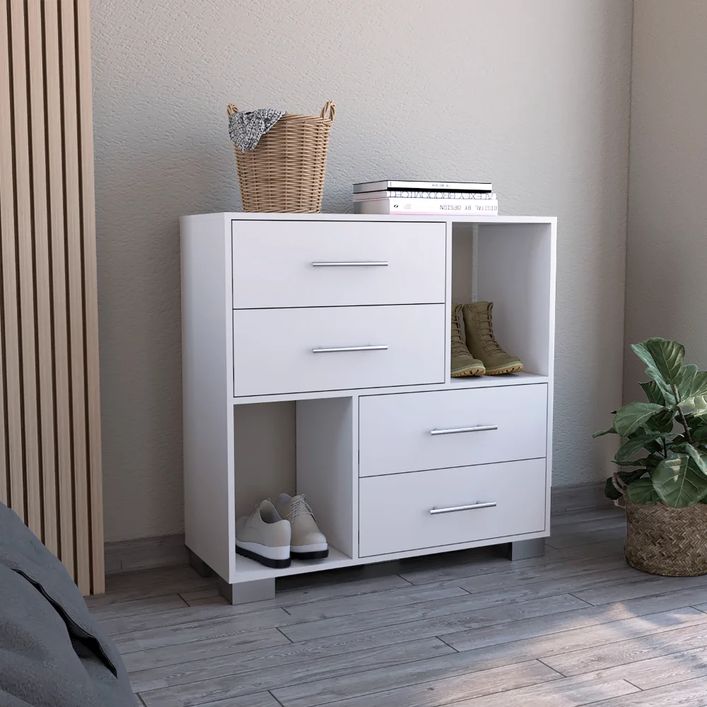 We Have Furniture Dresser Hetzs, Four Drawers, Two Open Shelves, White Finish