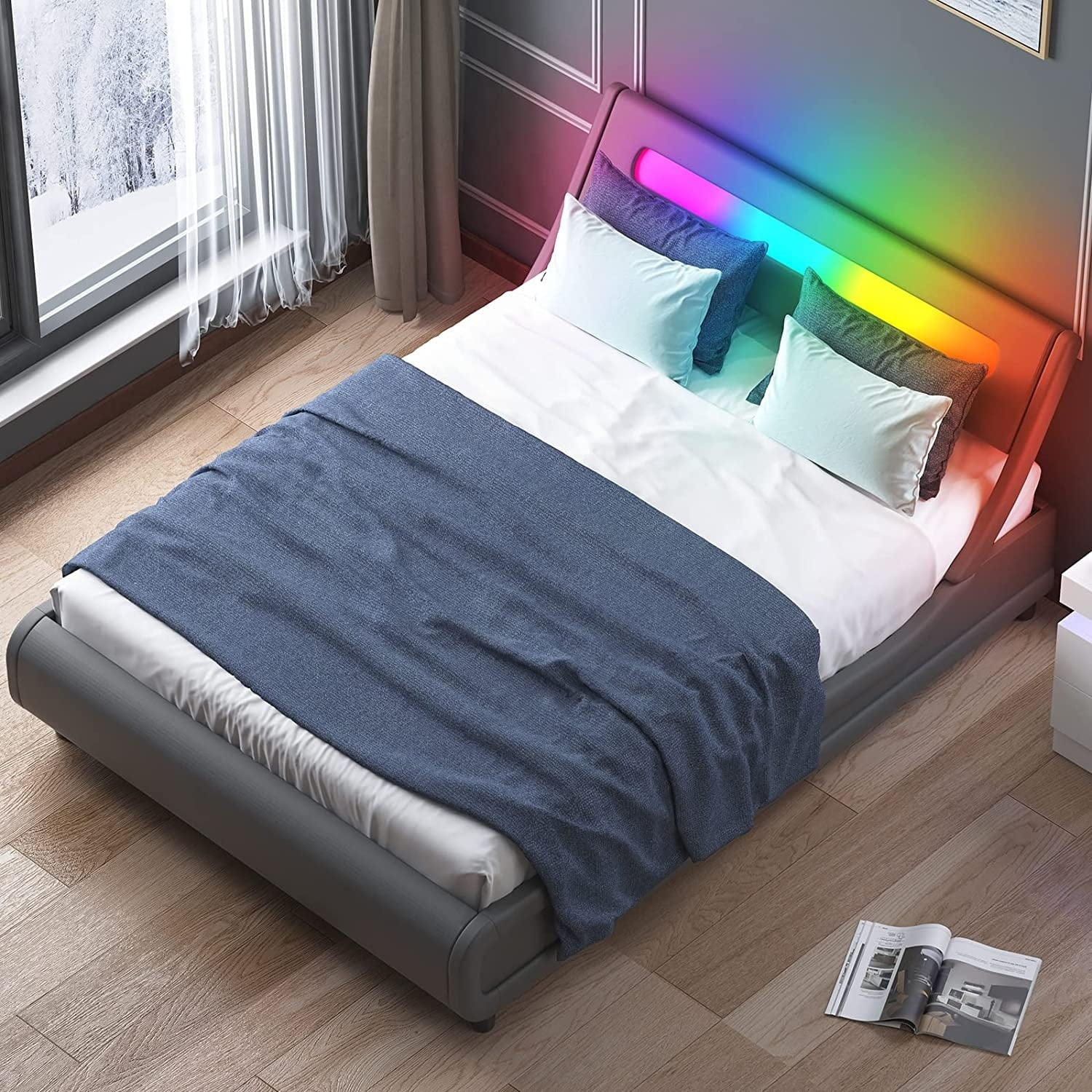 Mixoy Bed Frame with LED Headboard,PVC Upholstered Platform Bed Frame Grey - King