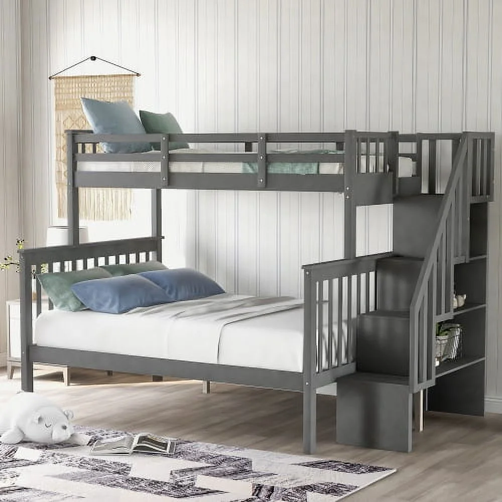 Twin Over Full Bunk Bed with Stairs Storage & Guardrails, Wood Detachable Bunkbed with 2 Drawers and Shelf for Kids Teens Adults Bedroom