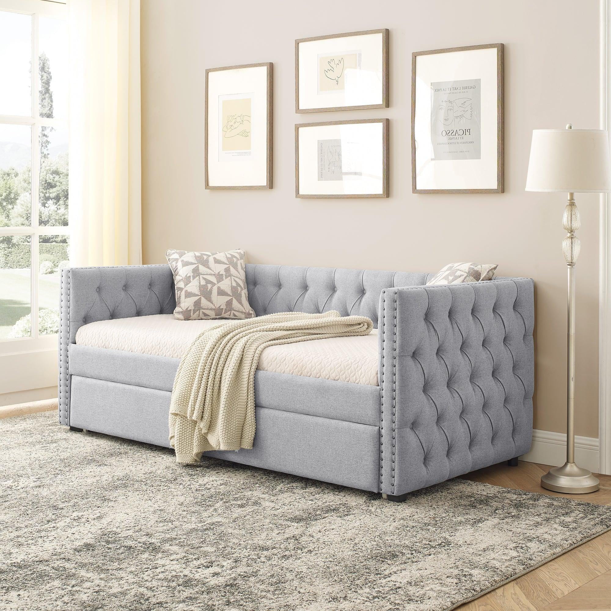 Supfirm Daybed with Trundle Upholstered Tufted Sofa Bed, with Button and Copper Nail on Square Arms，both Twin Size, Grey（85“x42.5”x31.5“）