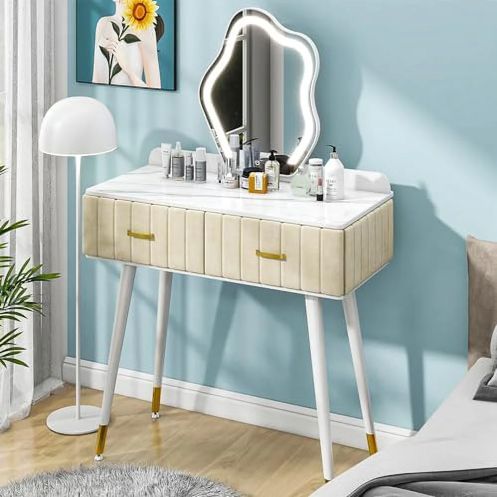 GEROBOOM Vanity Desk with Mirror and Lights  Velvet  Vanity with 2 Drawers  Pre-Assembled Dressing Table Body & 3 Lighting Colors Touch Dimming Mirror  Dresser Vanity Set for Bedroom