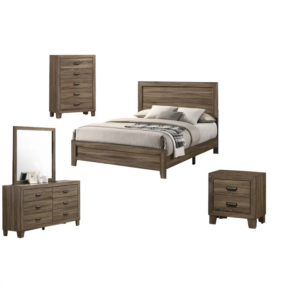 Dark Walnut Wood 5pc Bedroom Set with Bed+ Dresser+ Mirror+ Nightstand+ Chest