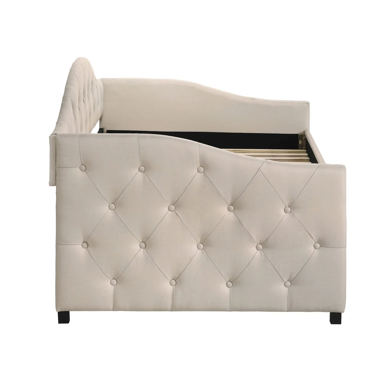 Mosh Twin Daybed with Trundle, Camel Back, Tufted, Taupe Beige Upholstery- Saltoro Sherpi
