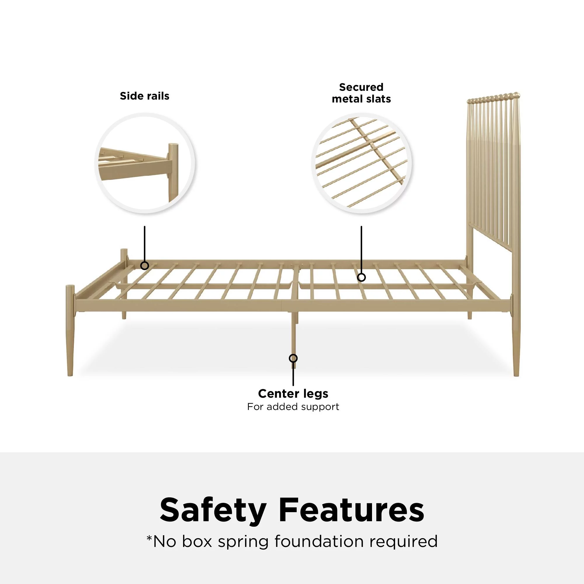 DHP Giulia Metal Platform Bed with Headboard and Underbed Storage Space, Queen, Gold