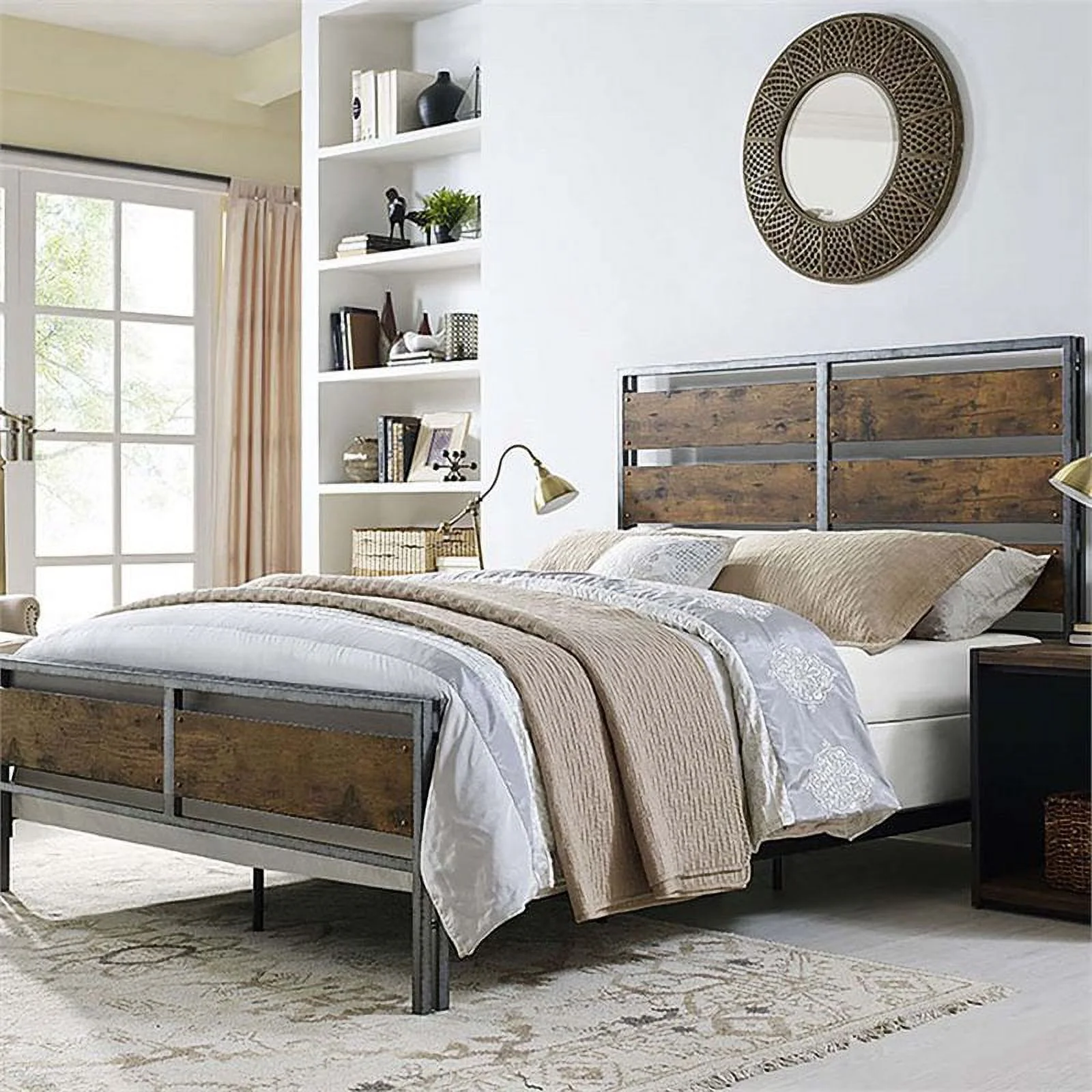 Pemberly Row Queen Metal and Wood Plank Panel Bed in Brown