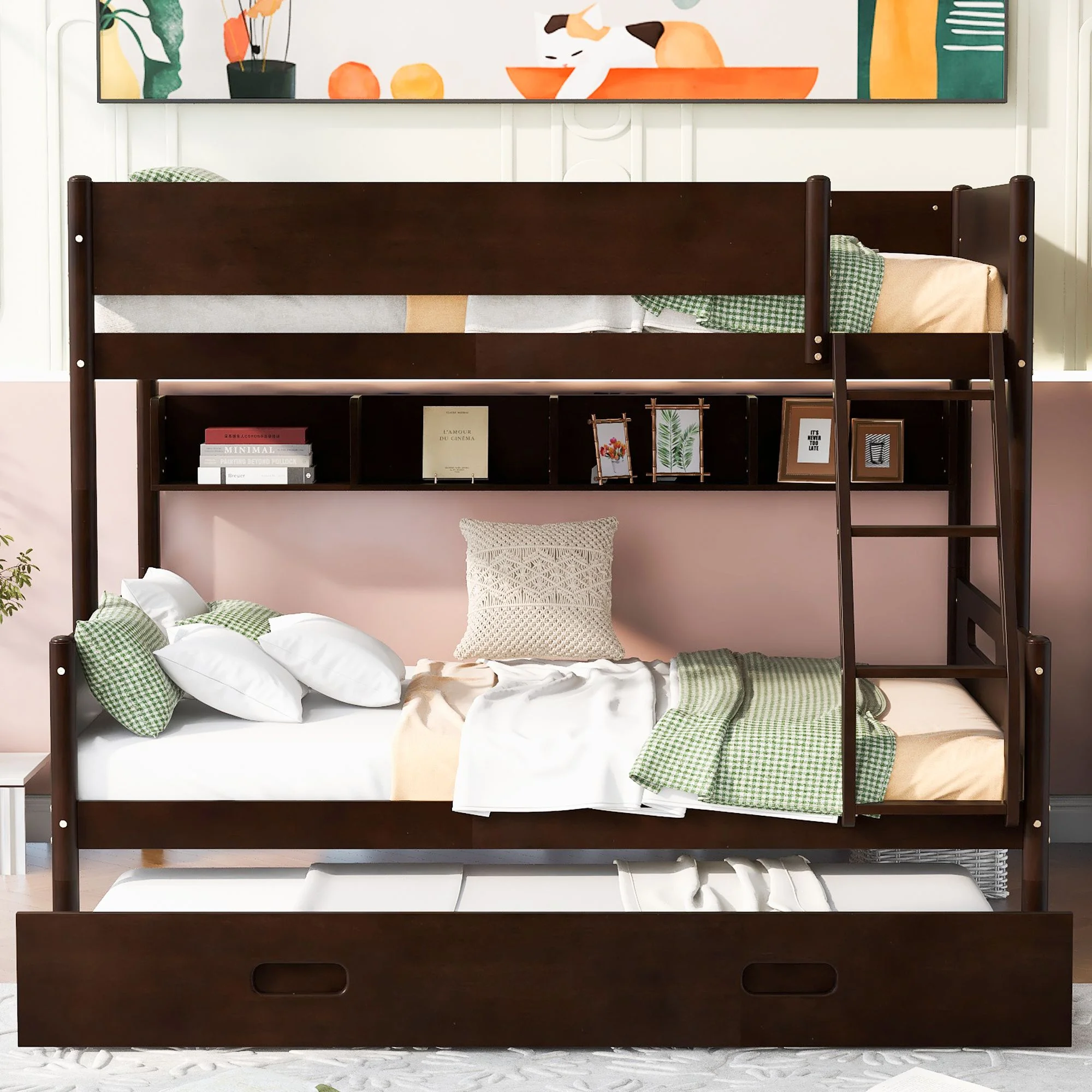 Twin Over Full Bunk Bed with Storage Shelves and Twin Size Trundle for Boys/Girls/Teens Bedroom, Low Wood Bed Frame with Safety Guardrail, No Box Spring Needed