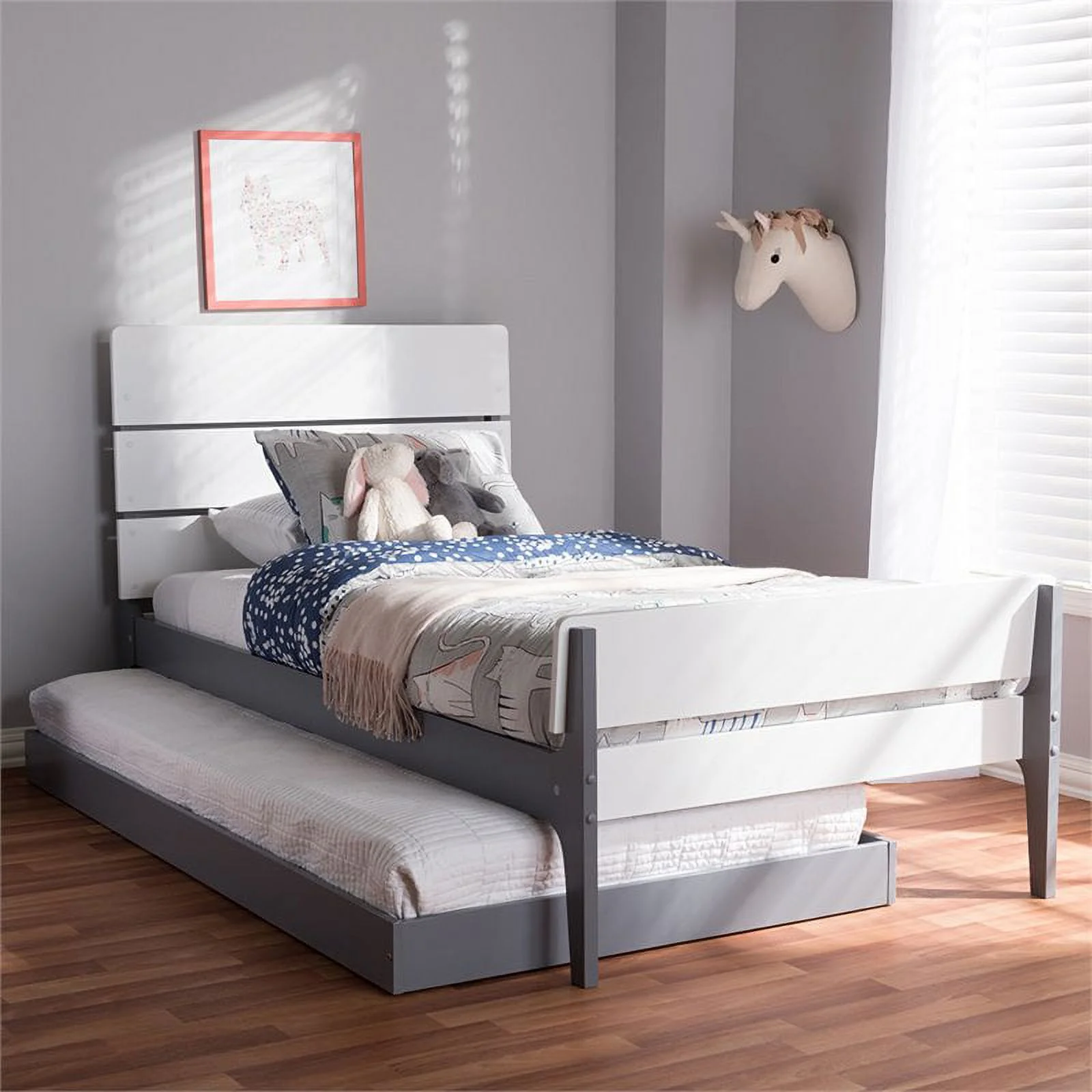 Bowery Hill Twin Slat Platform Bed with Trundle in White