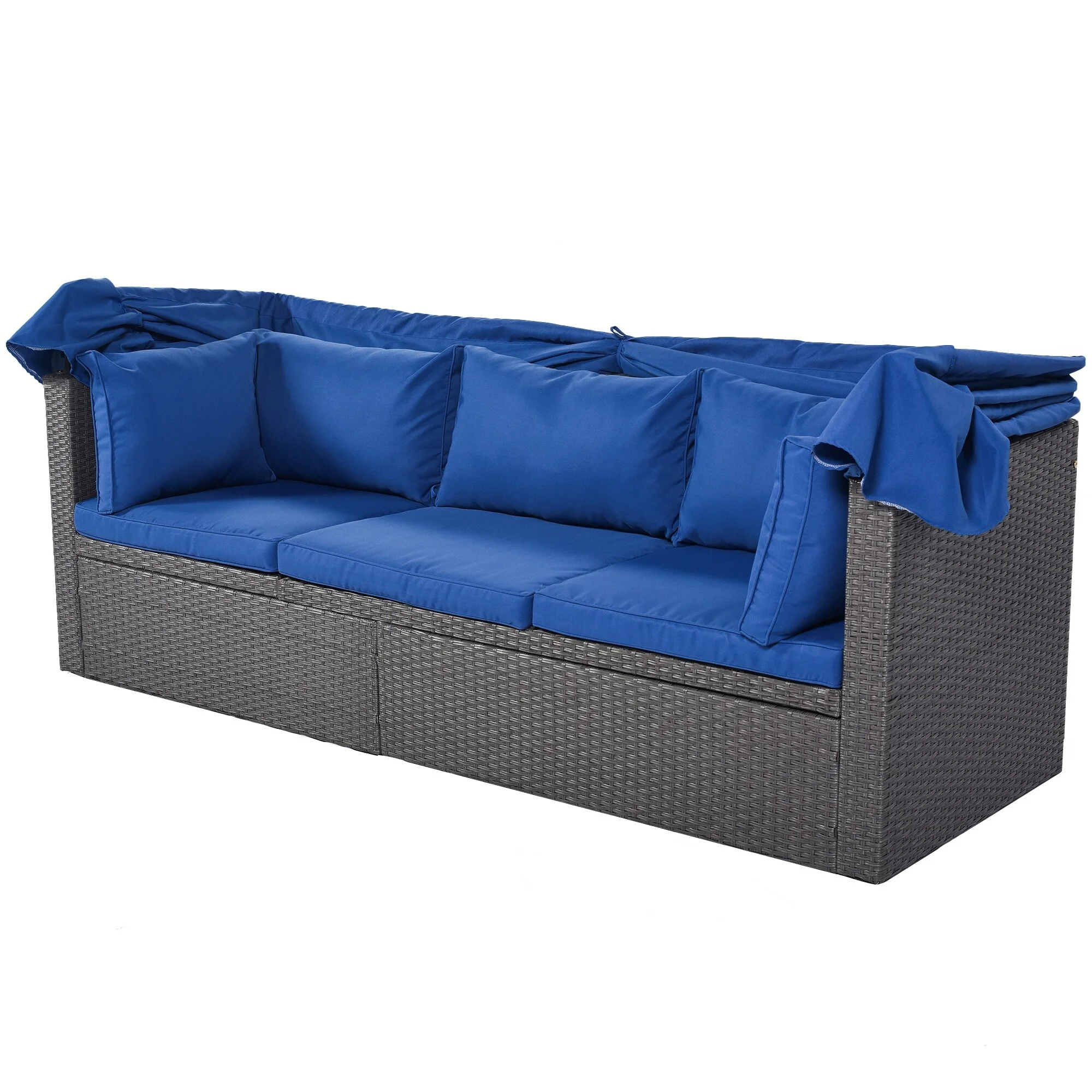 Outdoor Patio Daybed Sofa Set with Retractable Canopy & Reclining Seat Blue