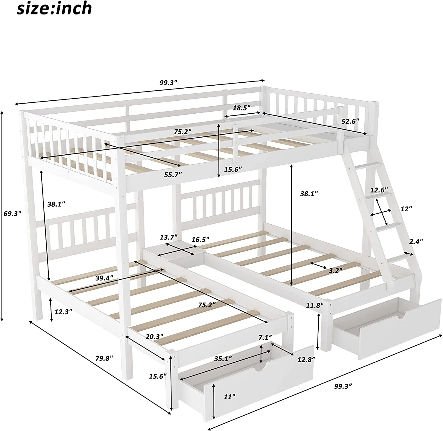 Wood Triple Bunk Bed Full Over & Bunk Beds For 3, Wooden Triple Beds Frame With Drawers And Guardrails For Kids,Teens, Adults, No Box Spring Needed (White)
