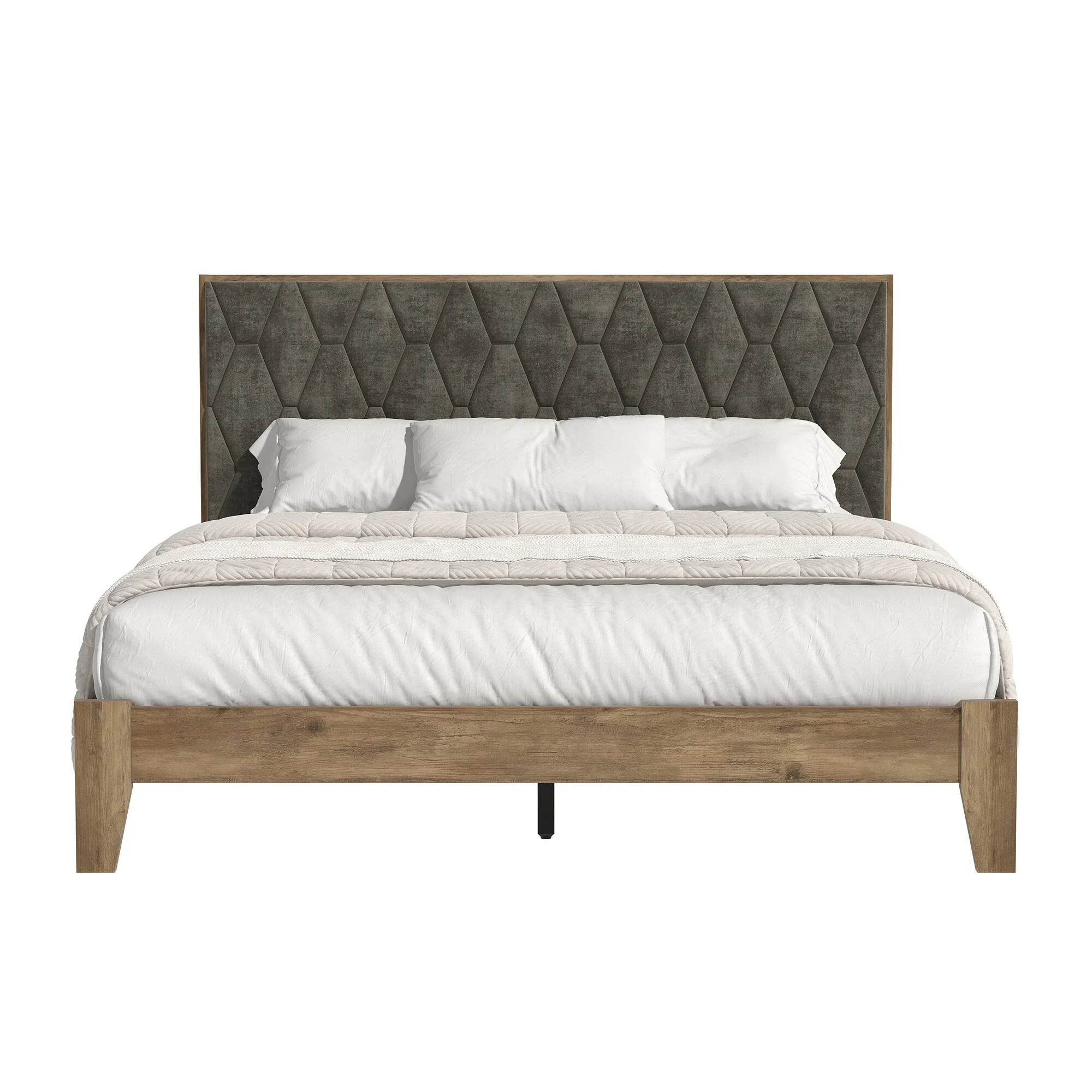 GALANO  Tancus Knotty Oak with Velvet Brown Upholstered Queen Platform Bed with Headboard