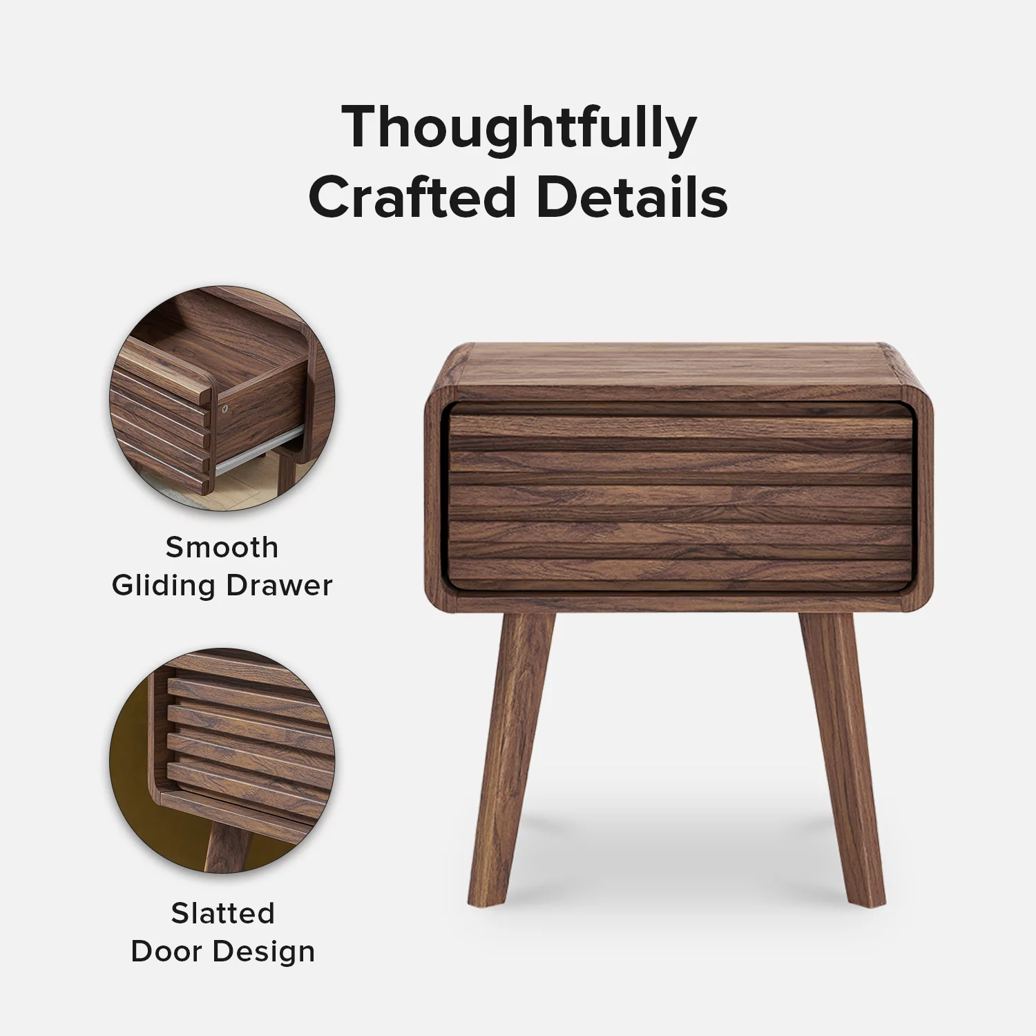 Mopio Ensley Mid Century Modern Nightstand/Side Table/End Table with Wood Slat Drawer Storage for Living Room and Bedroom, Walnut Grain